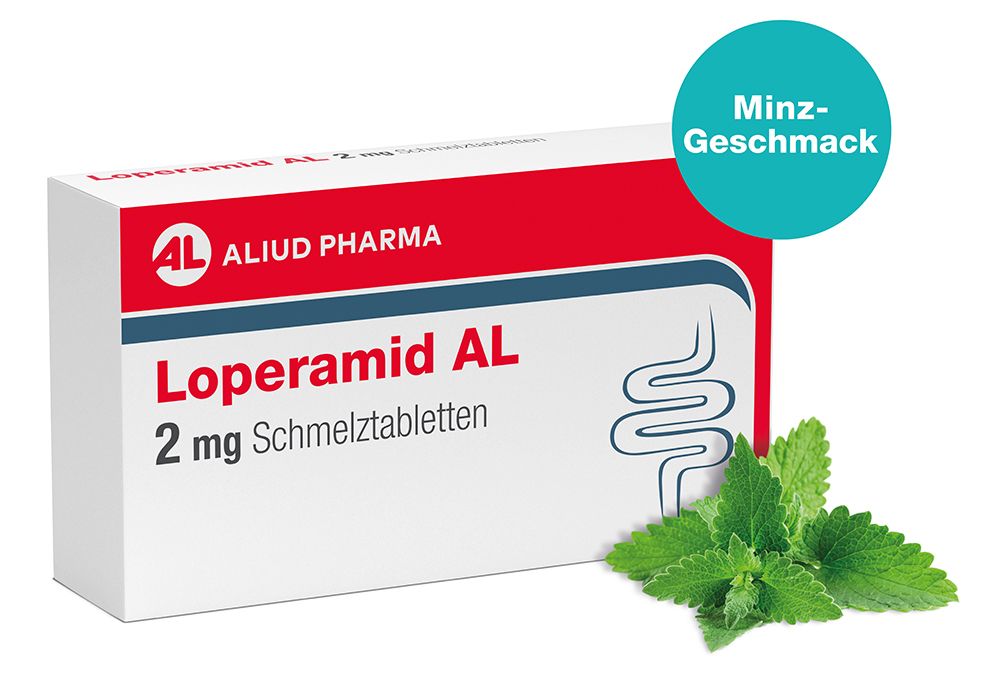 Verpackung von LOPERAMID AL 2 mg Schmelztabletten mit Minzgeschmack und frischer Minze.