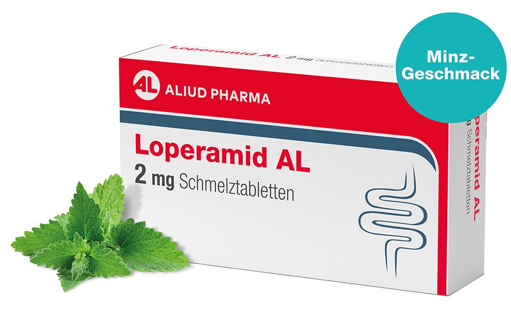 Verpackung von LOPERAMID AL 2 mg Schmelztabletten mit Minzgeschmack und frischer Minze.