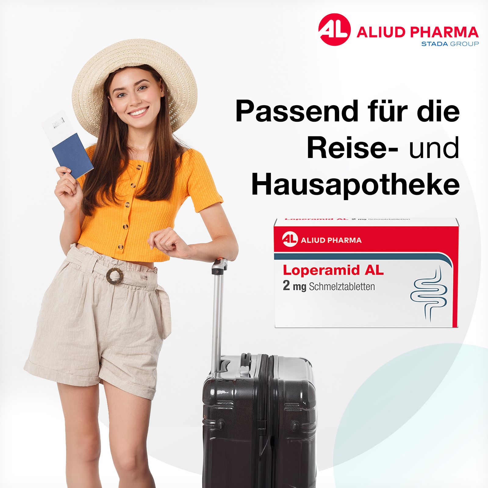 Reisefertige Frau mit Pass und Koffer neben LOPERAMID AL 2 mg Schmelztabletten.
