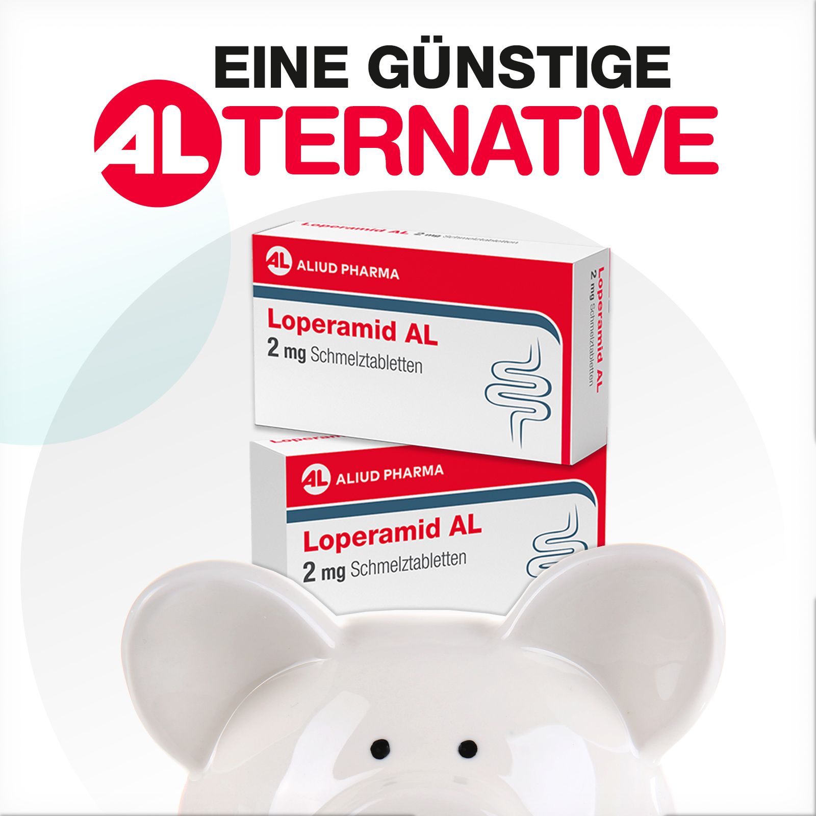 Zwei Packungen LOPERAMID AL 2 mg Schmelztabletten, präsentiert als günstige Alternative.