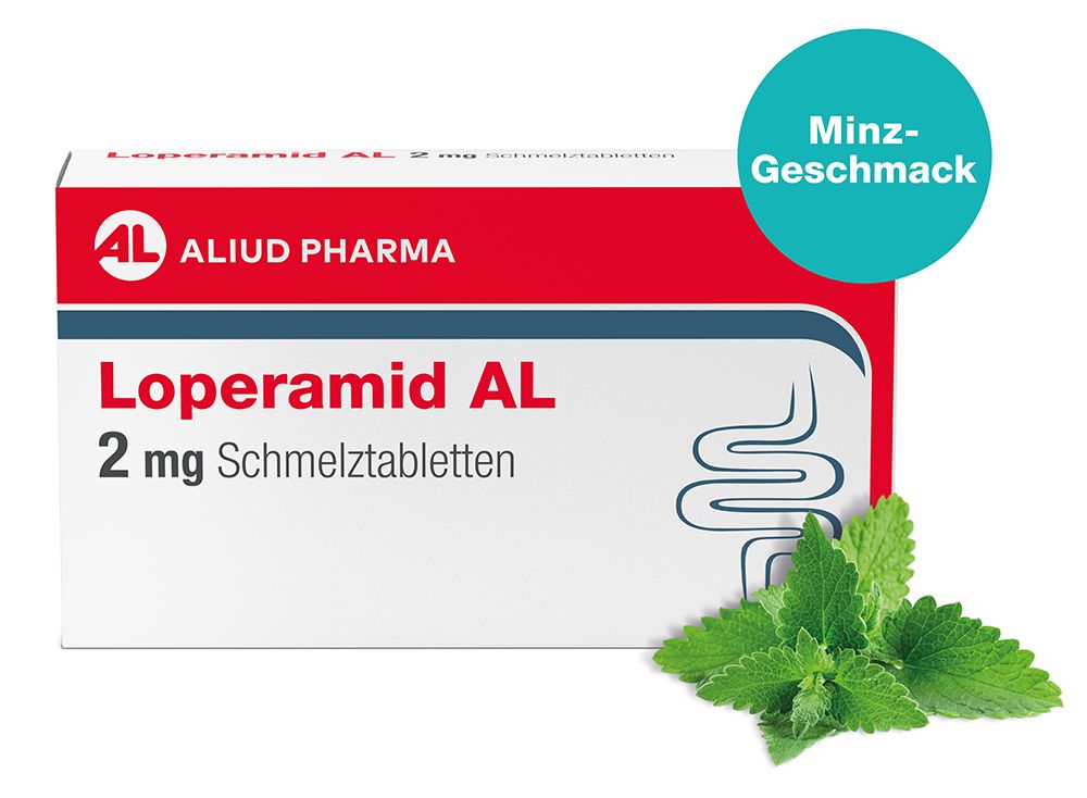 Verpackung Loperamid AL 2 mg Schmelztabletten mit Minzgeschmack.
