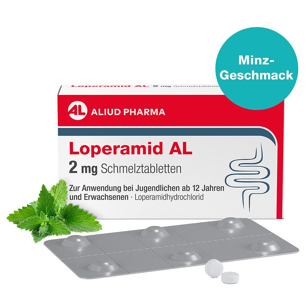 Mann mit Bauchschmerzen neben Verpackung Loperamid AL 2 mg Schmelztabletten.
