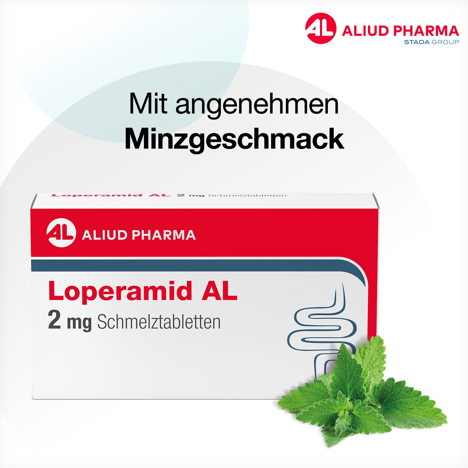 Verpackung Loperamid AL 2 mg Schmelztabletten mit Minzgeschmack und Minzblättern.