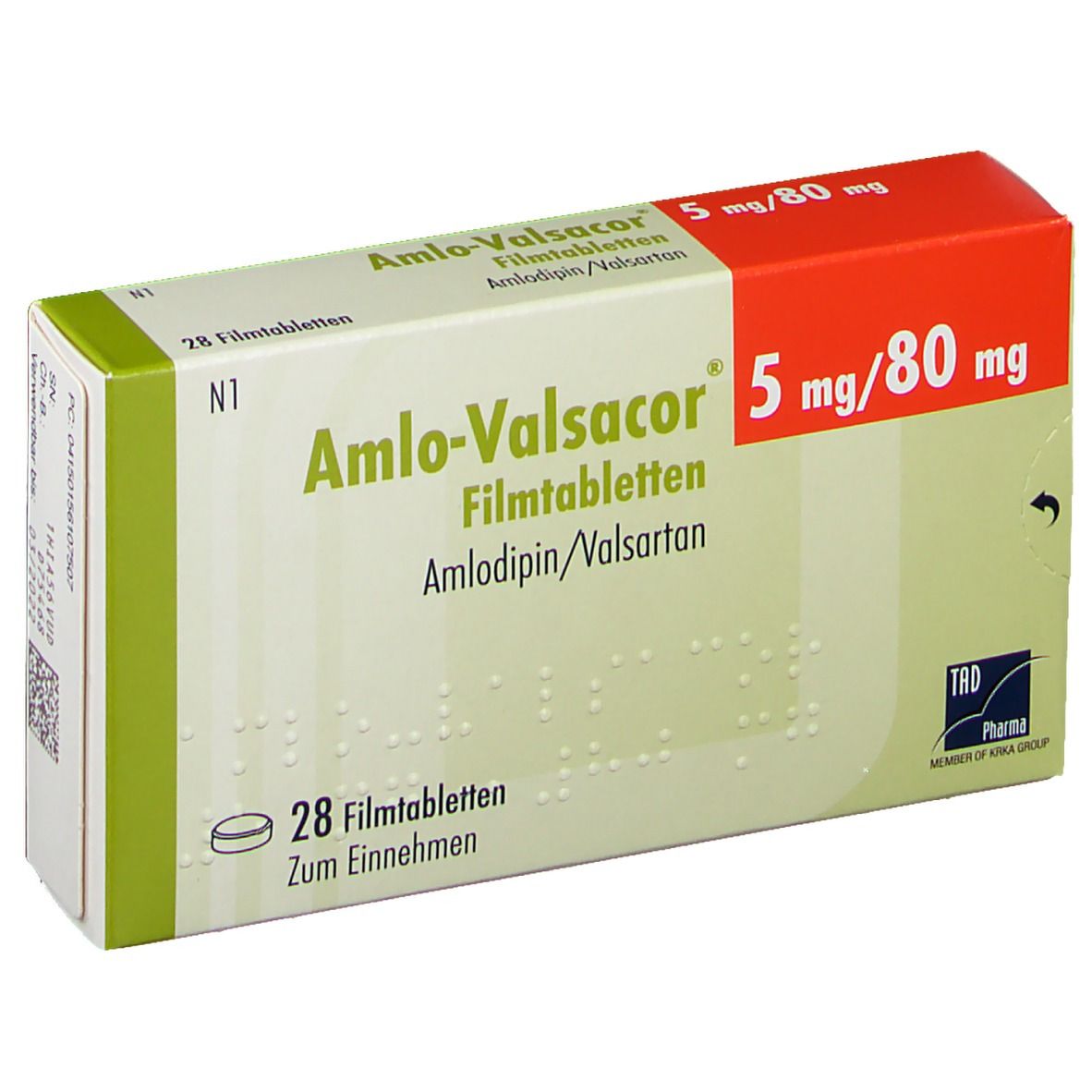 Schachtel mit Amlodipin/Valsartan Filmtabletten. Aufschrift: Amlodipin-Valsacor 5 mg/80 mg. 28 Filmtabletten. TAD Pharma.