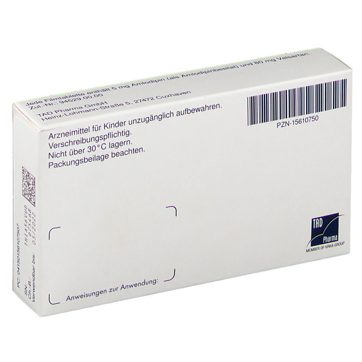 Rückseite einer Schachtel mit Amlodipin/Valsartan Filmtabletten. Text: Arzneimittel für Kinder unzugänglich aufbewahren. PZN 15610750. TAD Pharma.