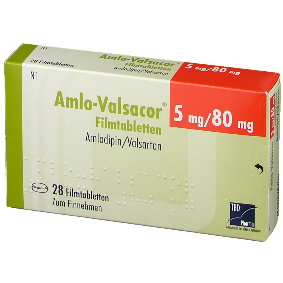 Schachtel mit Amlodipin/Valsartan Filmtabletten. Aufschrift: Amlodipin-Valsacor 5 mg/80 mg. 28 Filmtabletten. TAD Pharma.