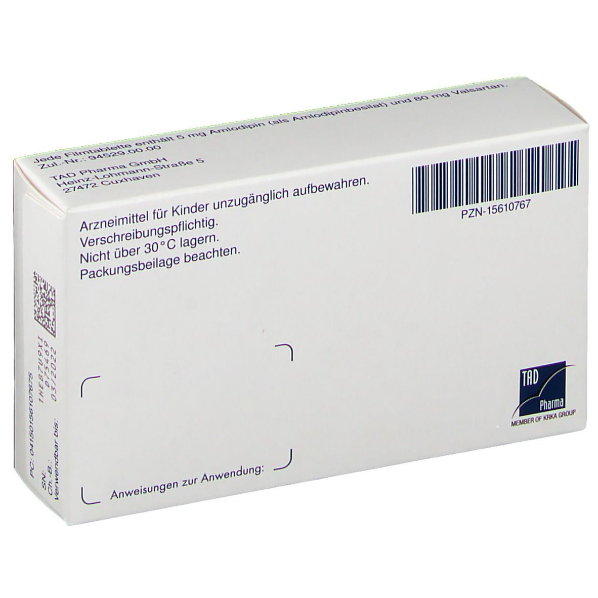 Rückseite der A mlo-Valsacor® 5 mg/80 mg-Packung. Textinformationen, Barcode und TRD Pharma Logo. PZN-15610767.