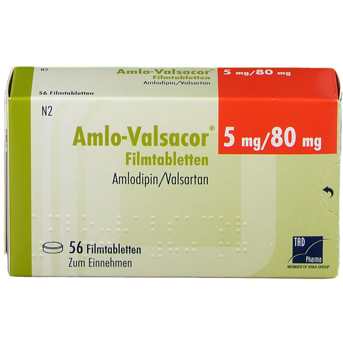 A mlo-Valsacor® 5 mg/80 mg-Packung. Grün-weiß-rote Schachtel mit Produktnamen, Dosierung und 56 Filmtabletten. TRD Pharma Logo.
