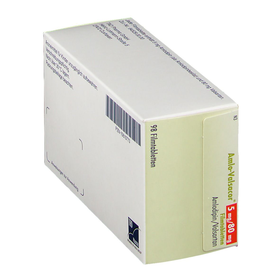mlo-Valsacor® 5 mg/80 mg-Packung, schräg. Rückseite mit Barcode und Herstellerinformationen. Seite mit Produktnamen und Dosierung.