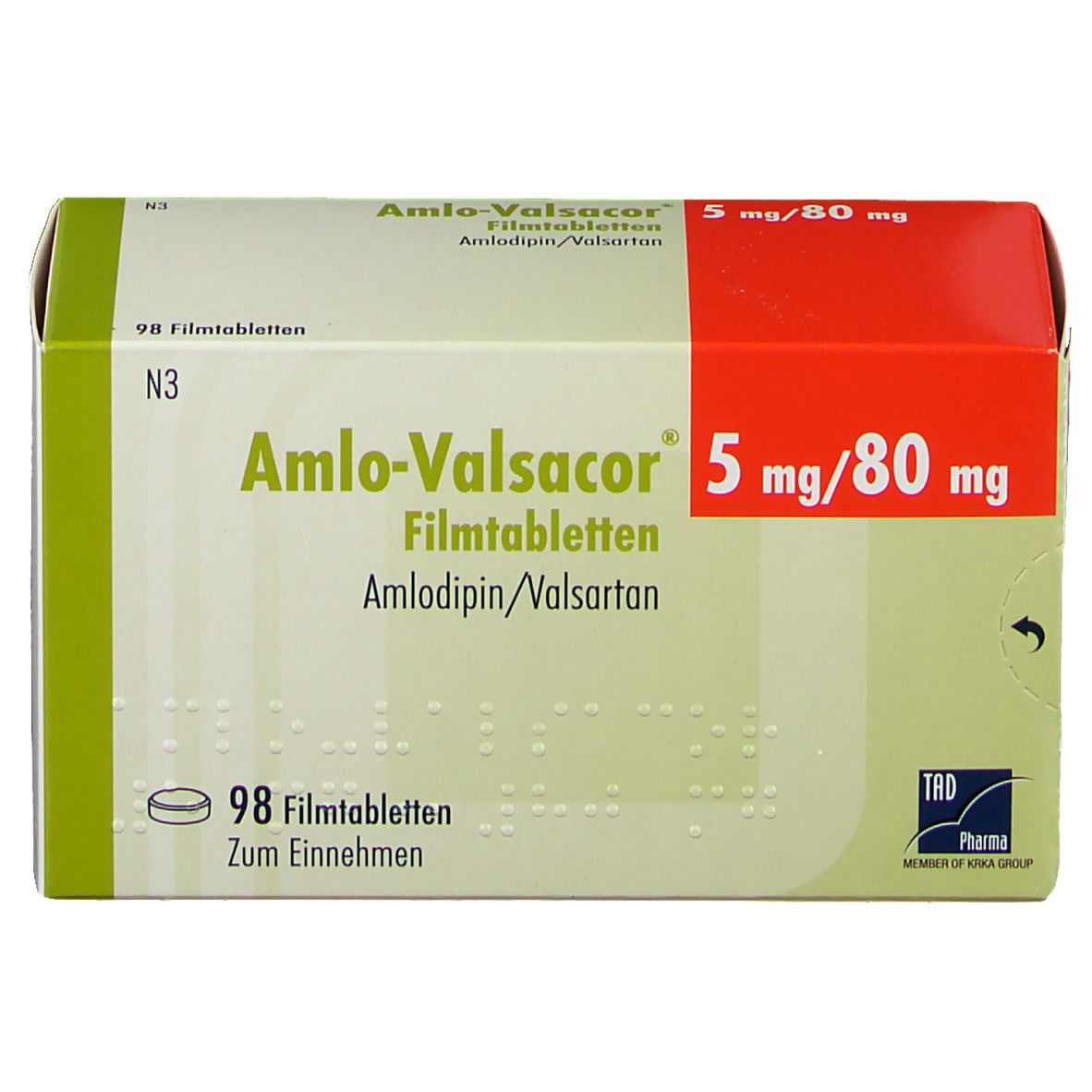 mlo-Valsacor® 5 mg/80 mg-Packung. Grün-weiß-rote Schachtel mit Produktnamen, Dosierung und 98 Filmtabletten. TRD Pharma Logo.