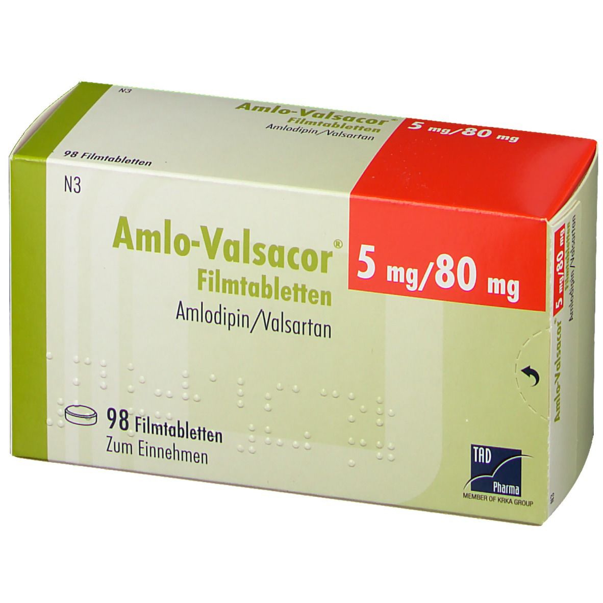mlo-Valsacor® 5 mg/80 mg-Packung. Grün-weiß-rote Schachtel mit Produktnamen, Dosierung und 98 Filmtabletten. TRD Pharma Logo.