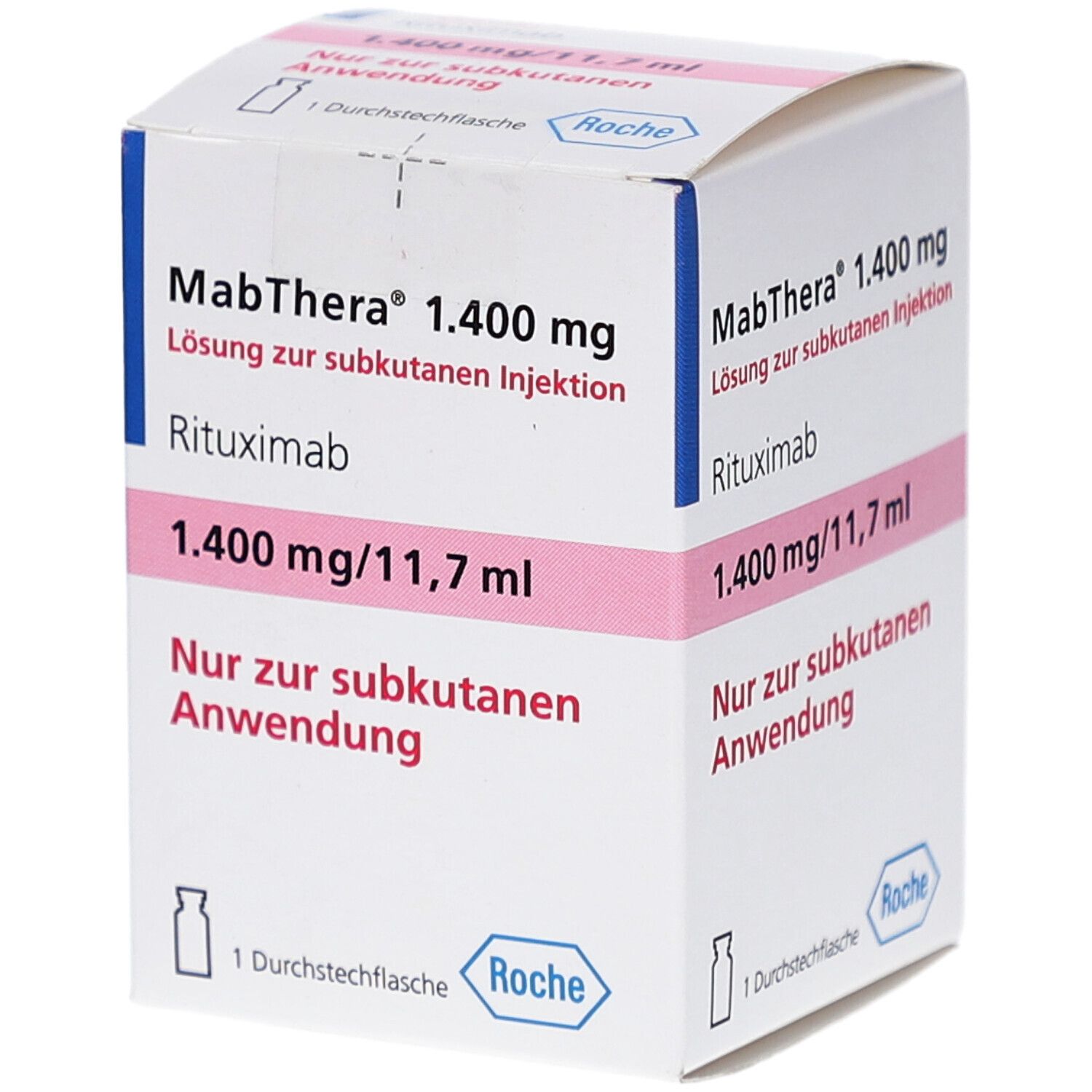Karton MabThera 1.400 mg, Lösung zur subkutanen Injektion. Enthält Rituximab. Rosa und weiße Verpackung mit Roche-Logo.
