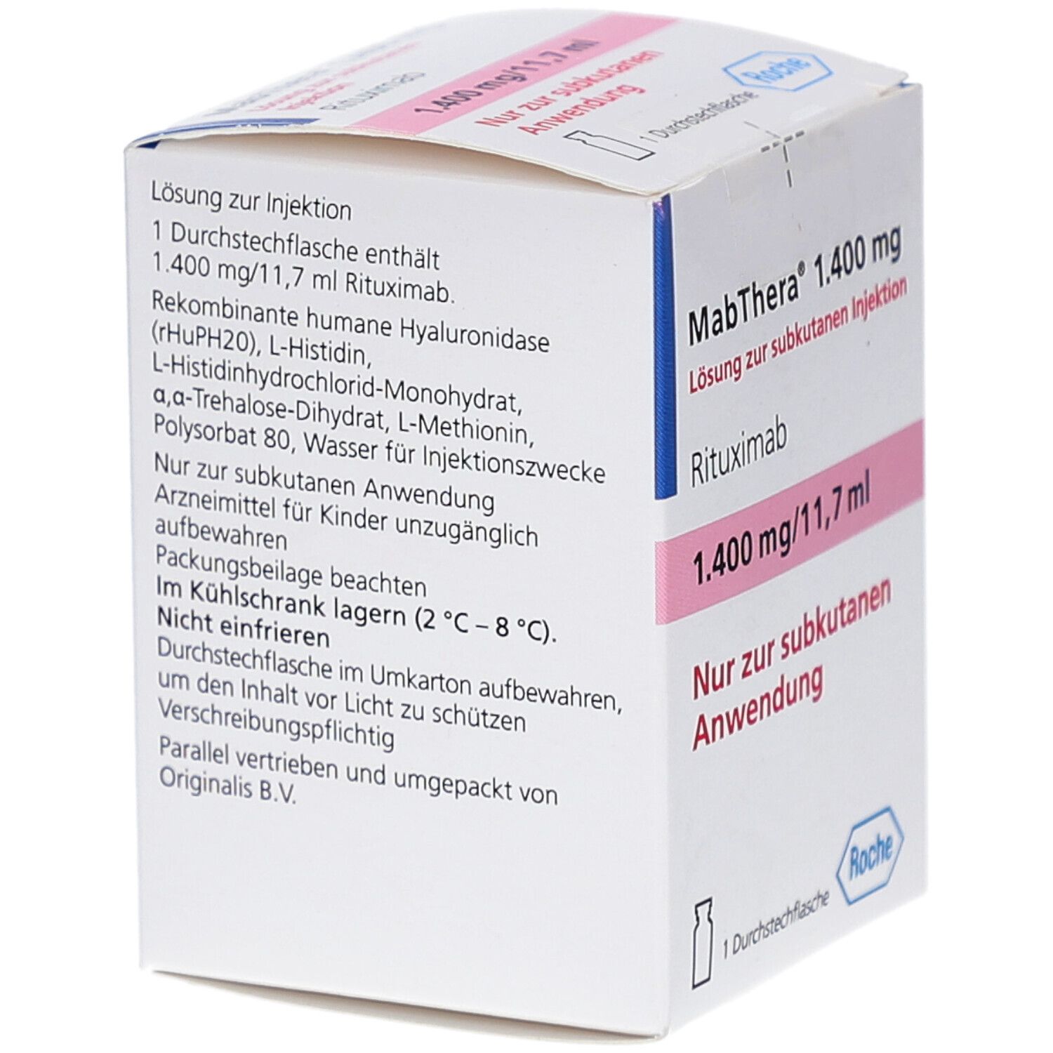 Rückseite der MabThera 1.400 mg Verpackung. Enthält Informationen zu Inhaltsstoffen, Lagerung und Hersteller. Roche-Logo.