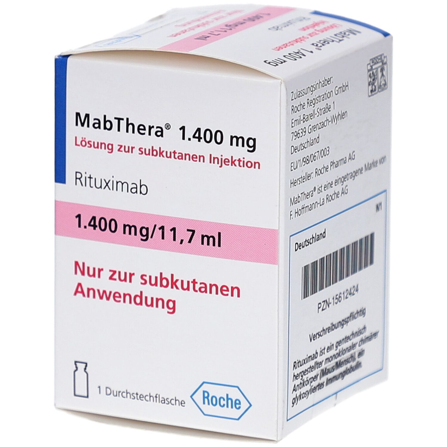 Vorderansicht der MabThera 1.400 mg Verpackung. Enthält Rituximab. Rosa und weiße Verpackung mit Roche-Logo.