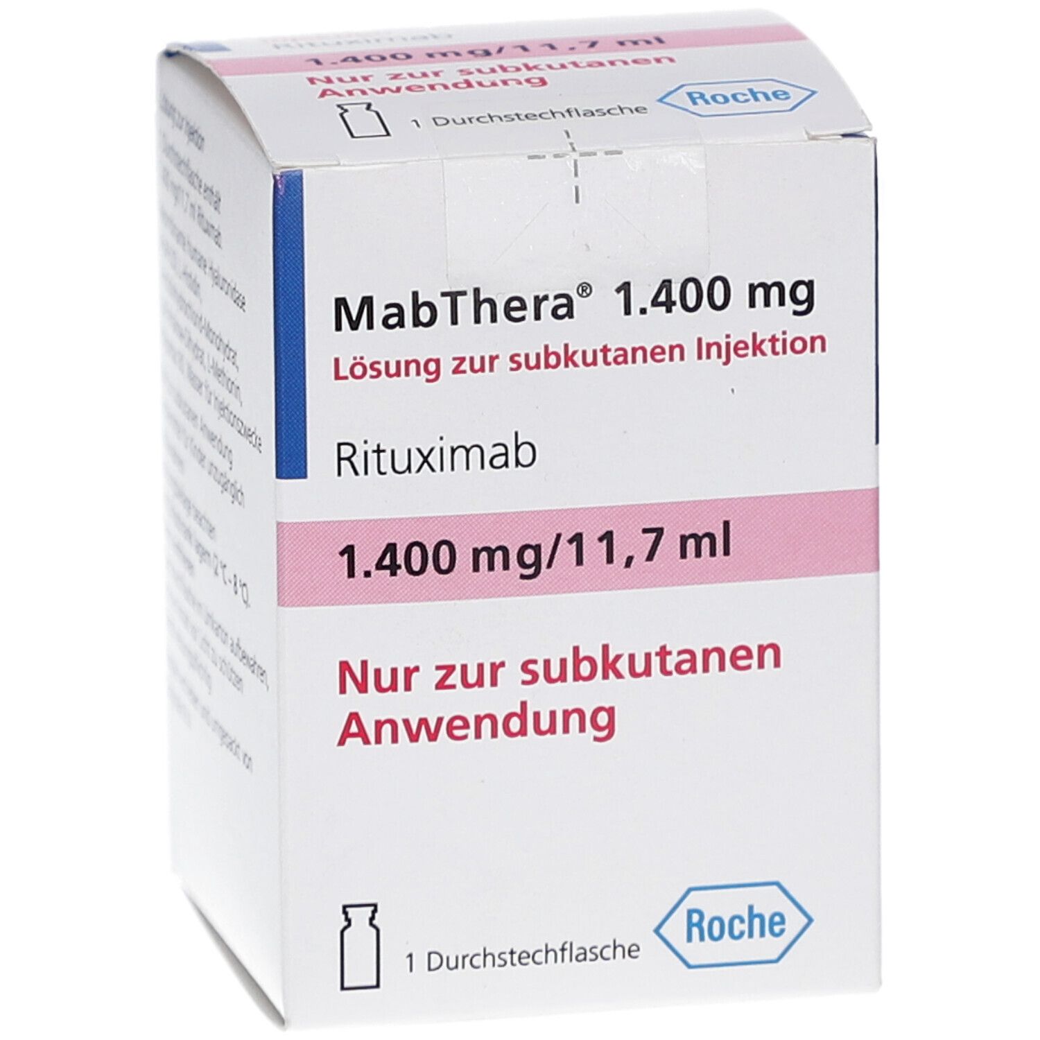 Vorderansicht der MabThera 1.400 mg Verpackung. Enthält Rituximab. Rosa und weiße Verpackung mit Roche-Logo.
