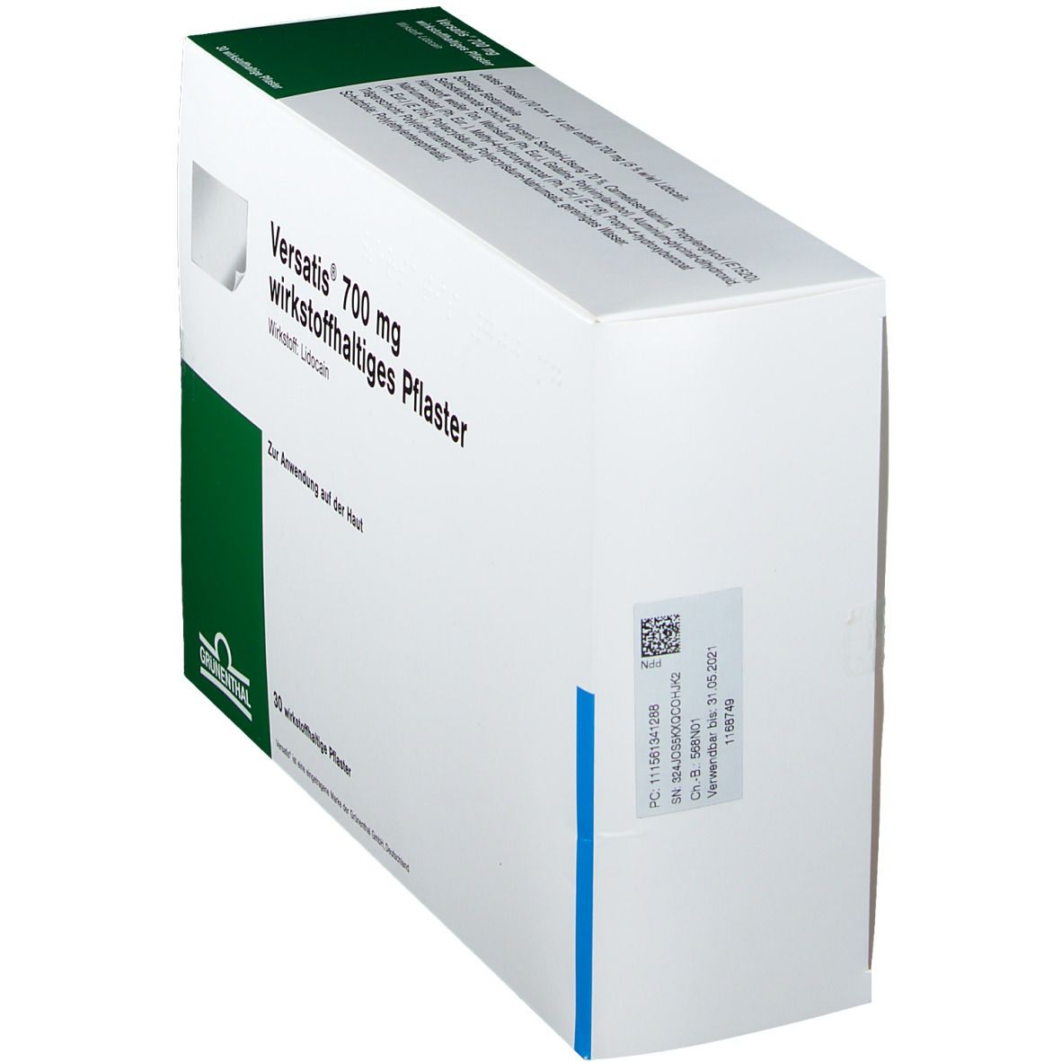 Schachtel Versatis 700 mg, wirkstoffhaltiges Pflaster. Aufdruck mit Produktinformationen und QR-Code. Grünenthal Logo.