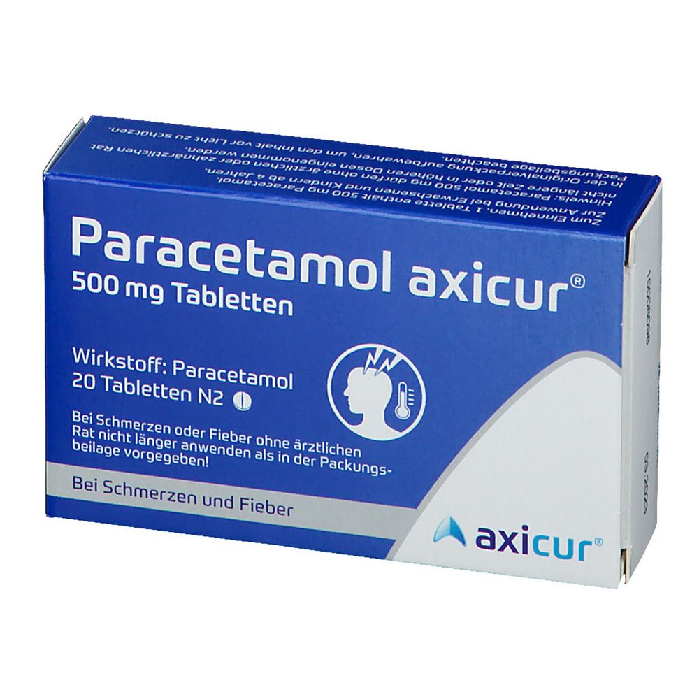 Blau-weiße Schachtel mit Paracetamol axicur® 500 mg Tabletten. Text: Wirkstoff Paracetamol, 20 Tabletten. Bei Schmerzen und Fieber.