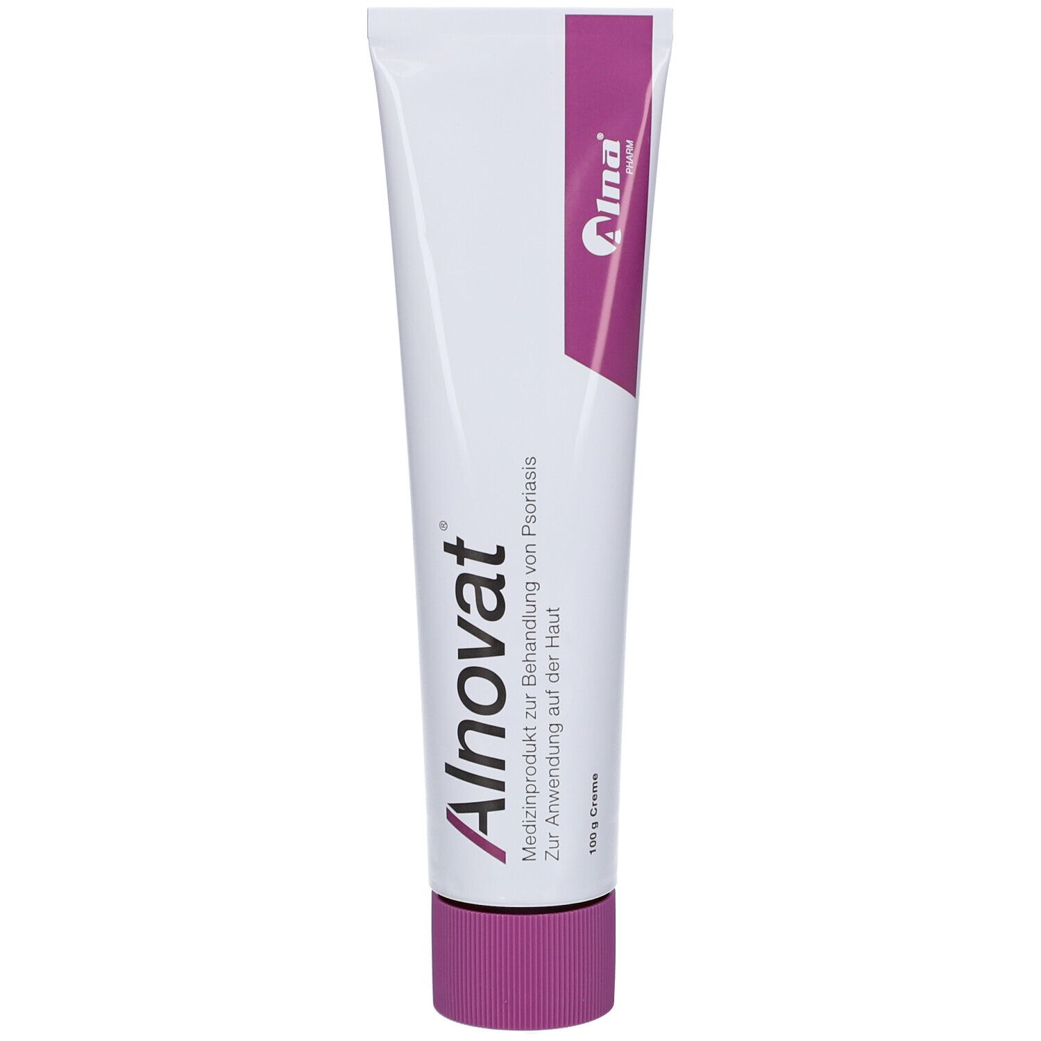 Alnovat Creme Tube: Weiß mit lila Akzenten, 100g. Medizinprodukt zur Behandlung von Psoriasis.