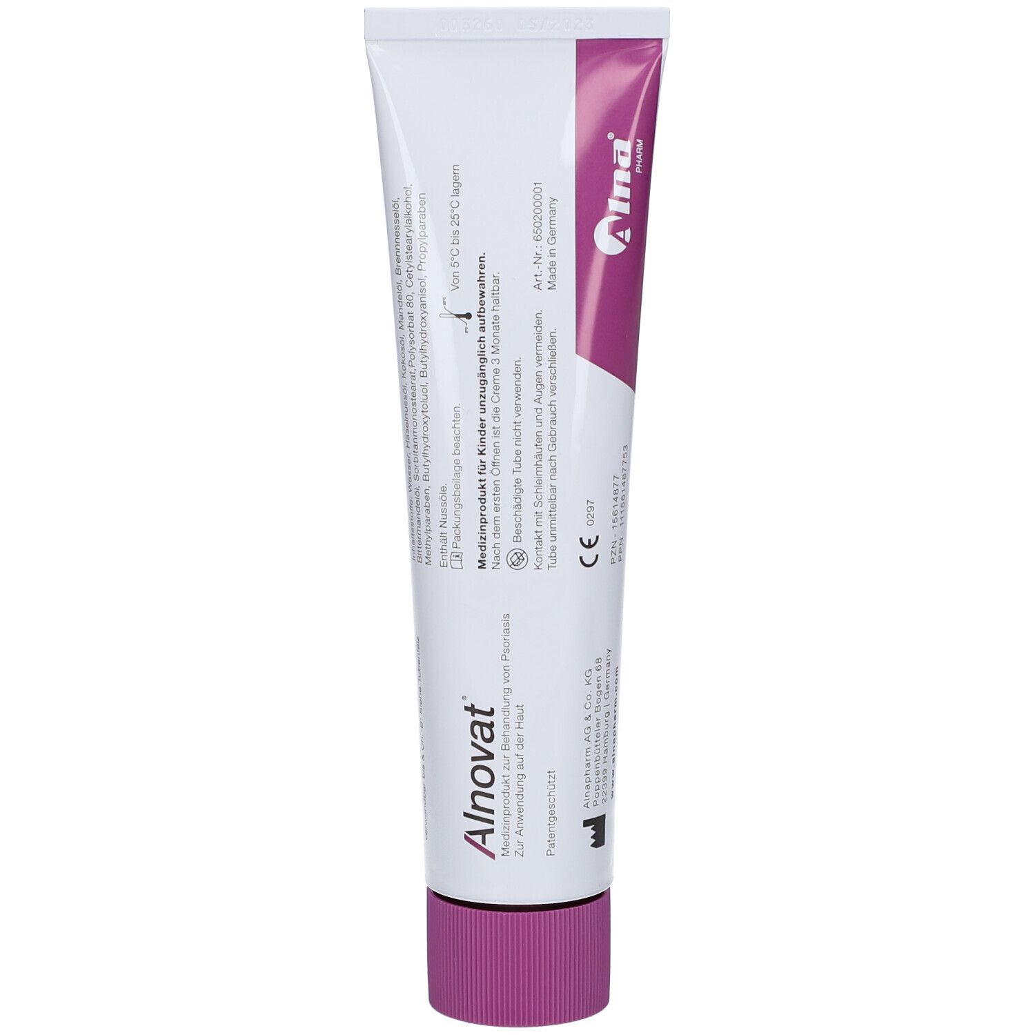 Rückseite der Alnovat Creme Tube: Enthält Produktinformationen und CE-Kennzeichnung. Made in Germany.