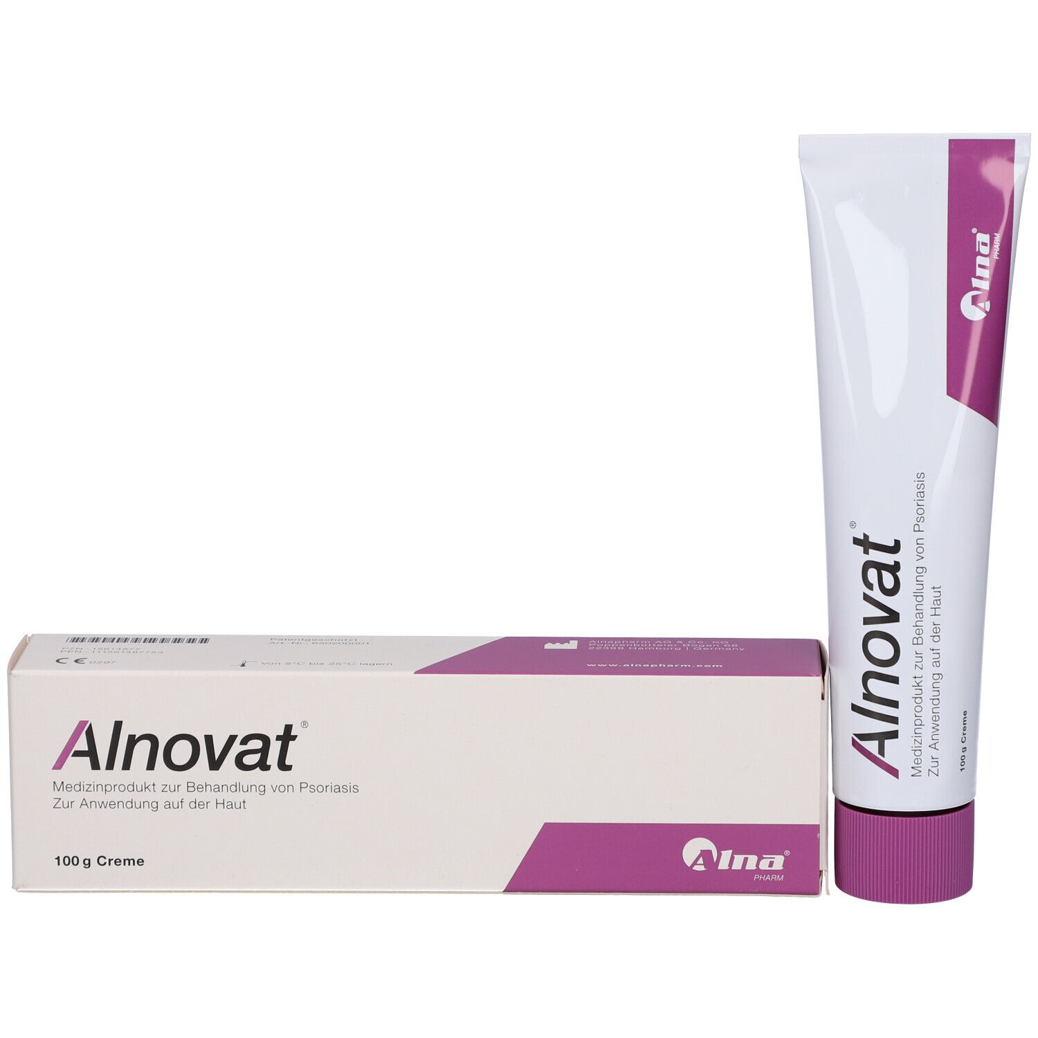 Alnovat Creme: Tube und Faltschachtel nebeneinander. Weiß mit lila Designelementen.