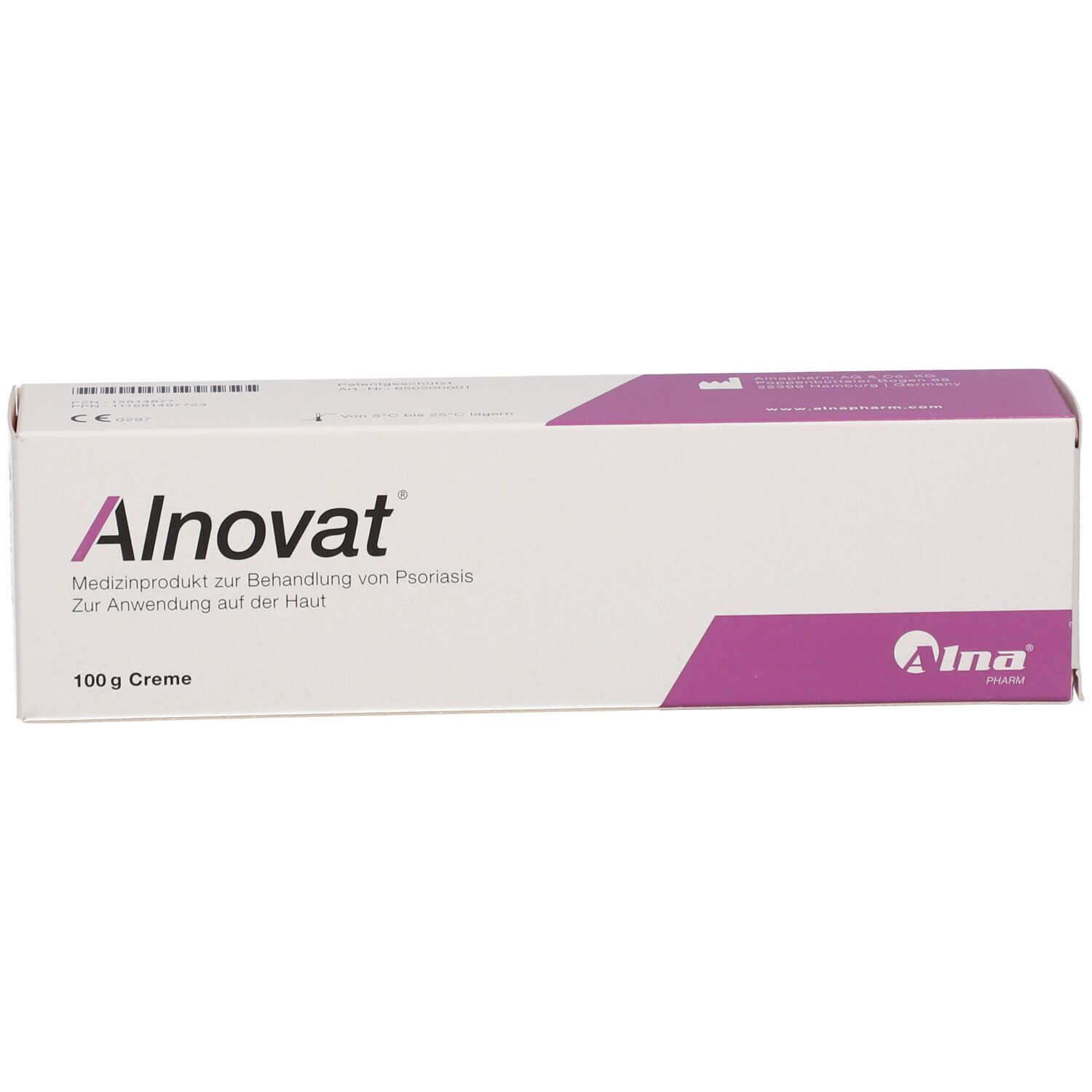 Faltschachtel Alnovat Creme: Weiß mit lila Akzenten. Zeigt Produktname und Anwendungsbereich.
