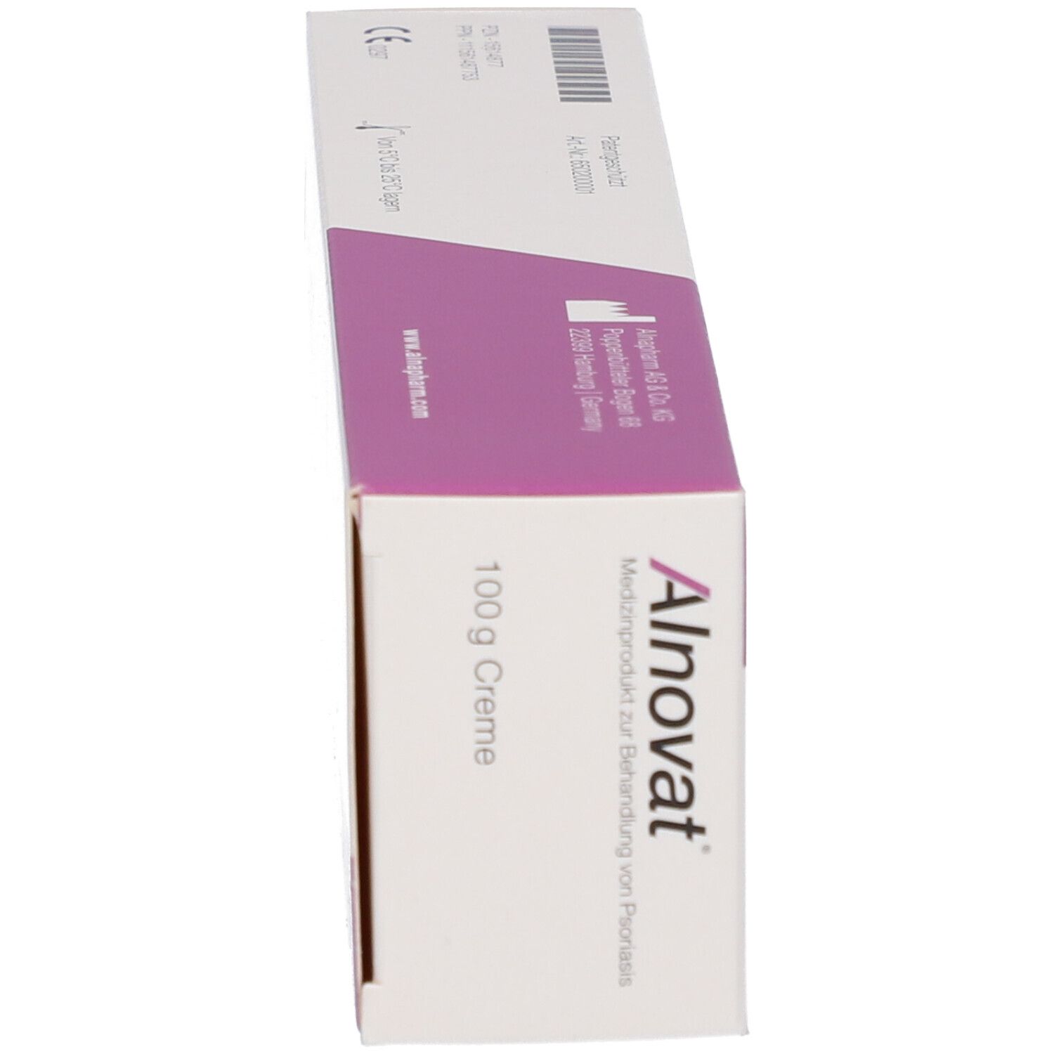 Alnovat Creme Faltschachtel: Vorderseite mit Produktinformationen und 100g Angabe.
