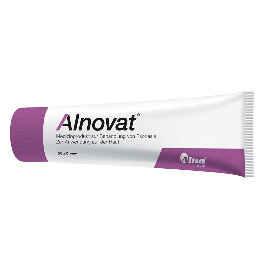 Alnovat Creme Tube mit lila Deckel und Schriftzug.