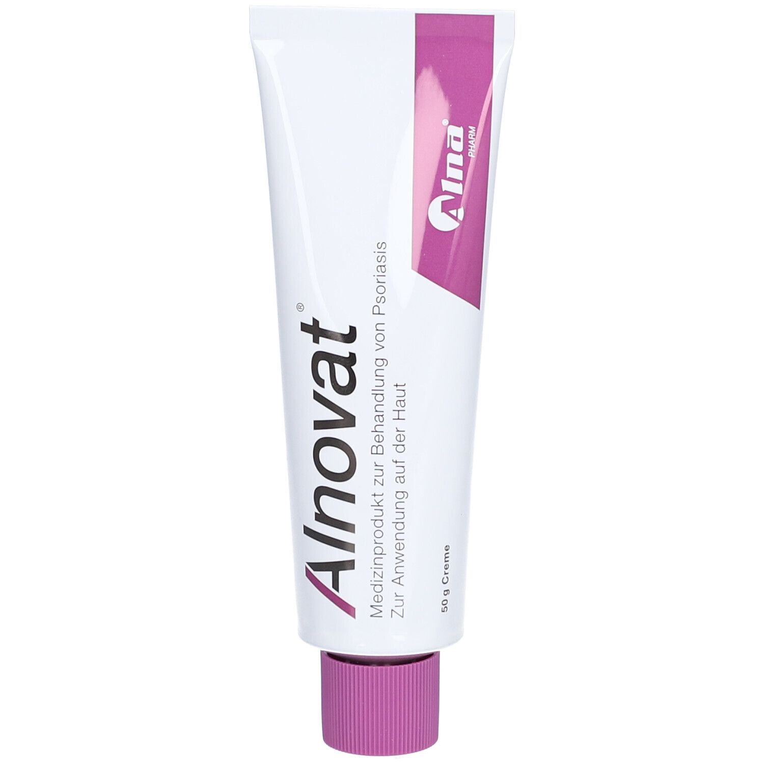 Alnovat Creme Tube mit lila Schraubverschluss und rosa Designelementen.