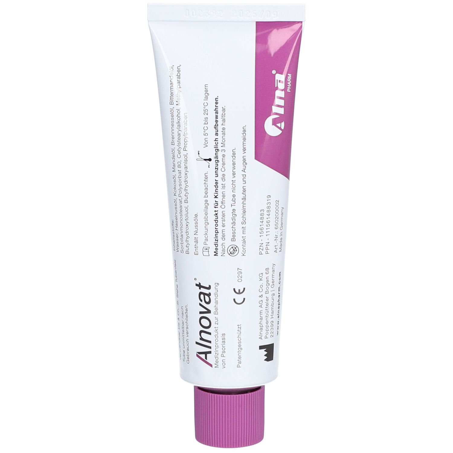 Rückseite einer Alnovat Creme Tube mit detaillierten Anwendungsinformationen und Herstellerangaben.