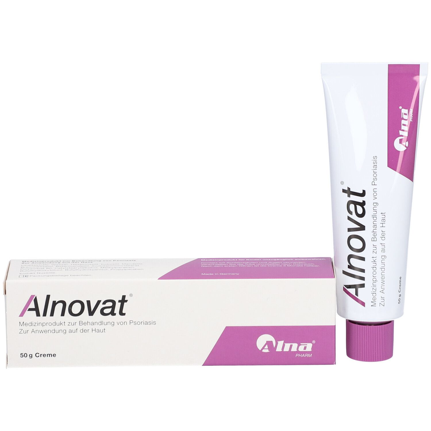 Alnovat Creme Tube und Faltschachtel nebeneinander, beide mit rosa Akzenten.