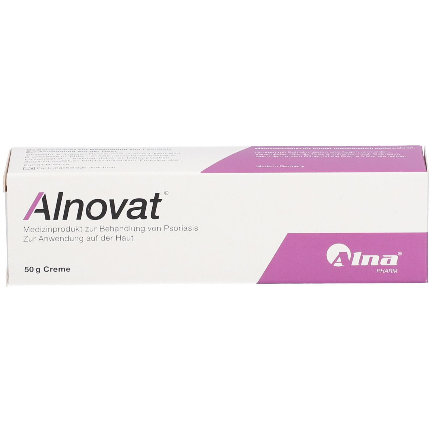 Vorderseite einer Alnovat Creme Faltschachtel mit rosa Designelementen und Produktinformationen.