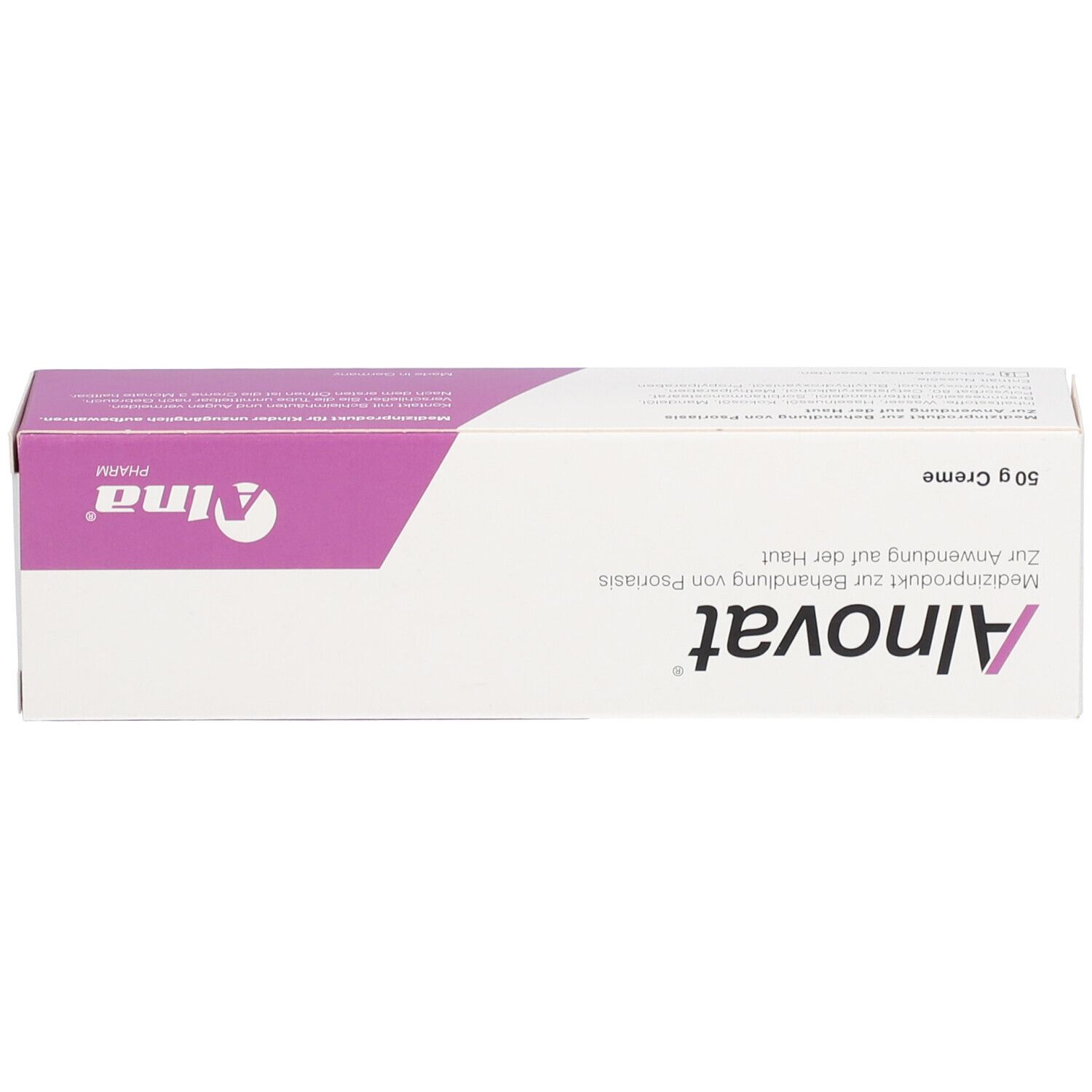 Oberseite einer Alnovat Creme Faltschachtel mit rosa Designelementen und Produktinformationen.