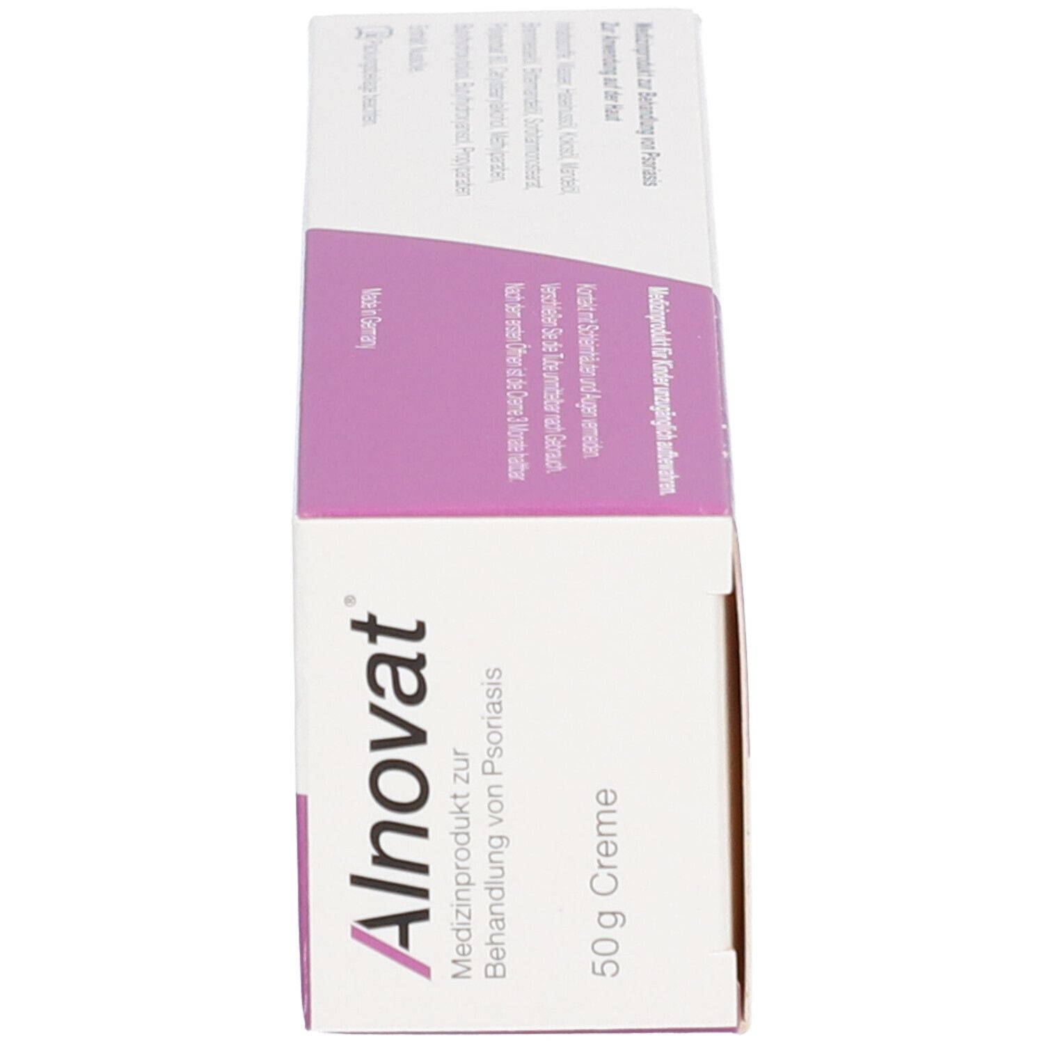 Unterseite einer Alnovat Creme Faltschachtel mit rosa Designelementen und Produktinformationen.