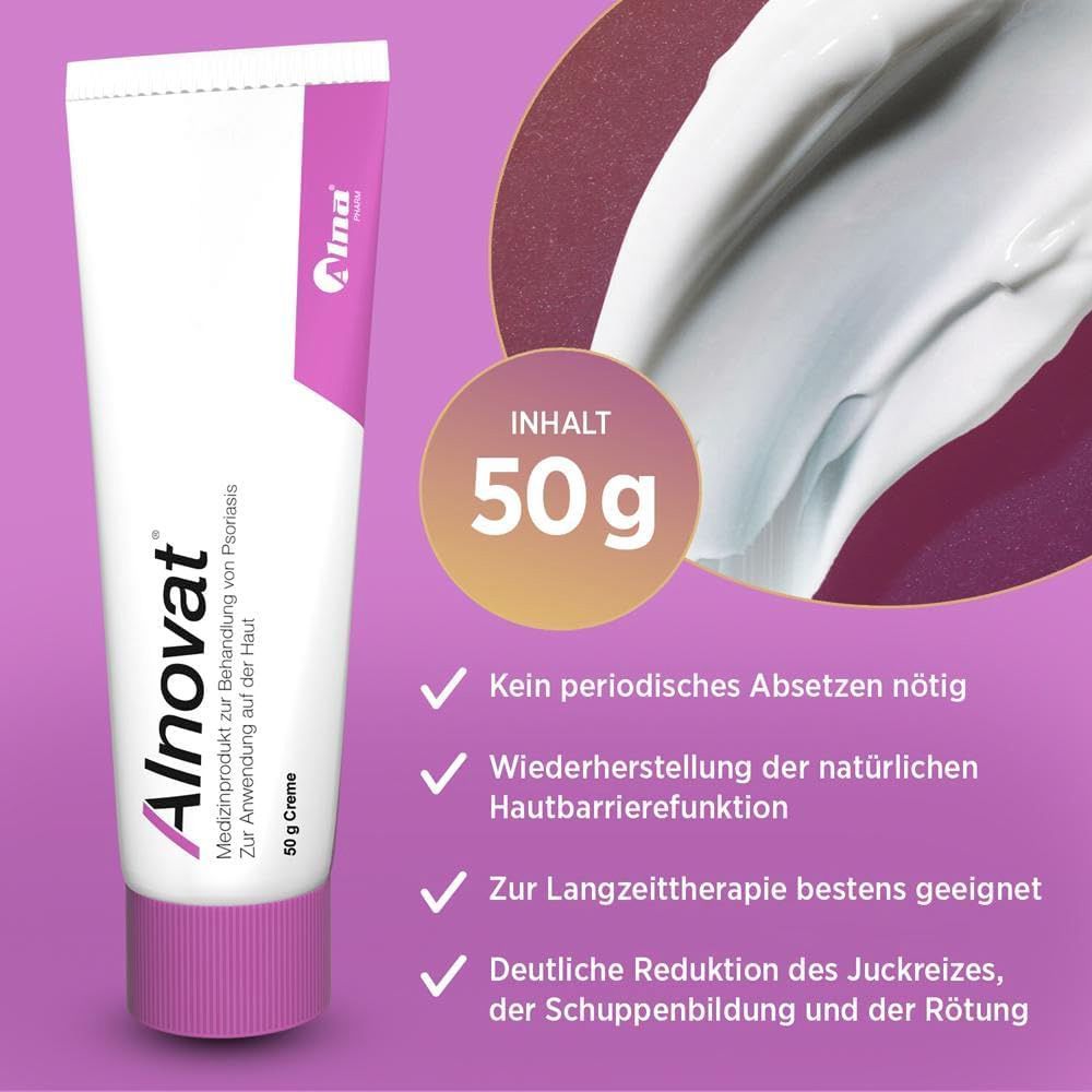 Alnovat Creme Tube mit 50g Inhalt und Anwendungsübersicht.