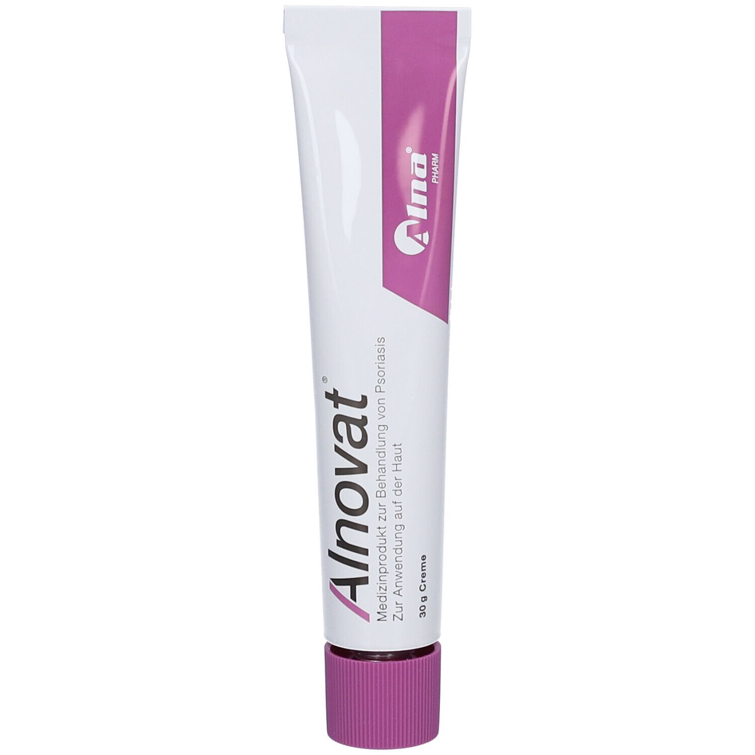 Alnovat Creme Tube mit rosa Verschluss. Medizinprodukt zur Behandlung von Psoriasis.