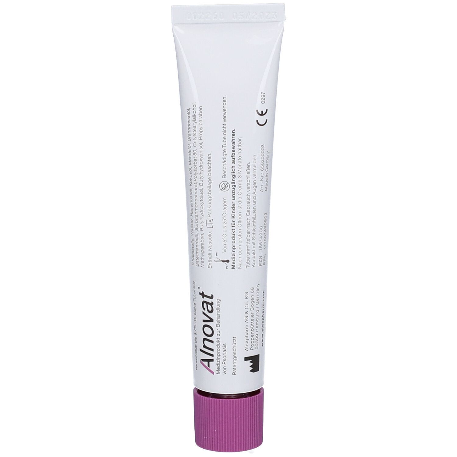 Rückseite der Alnovat Creme Tube mit CE-Kennzeichnung und Anwendungshinweisen.