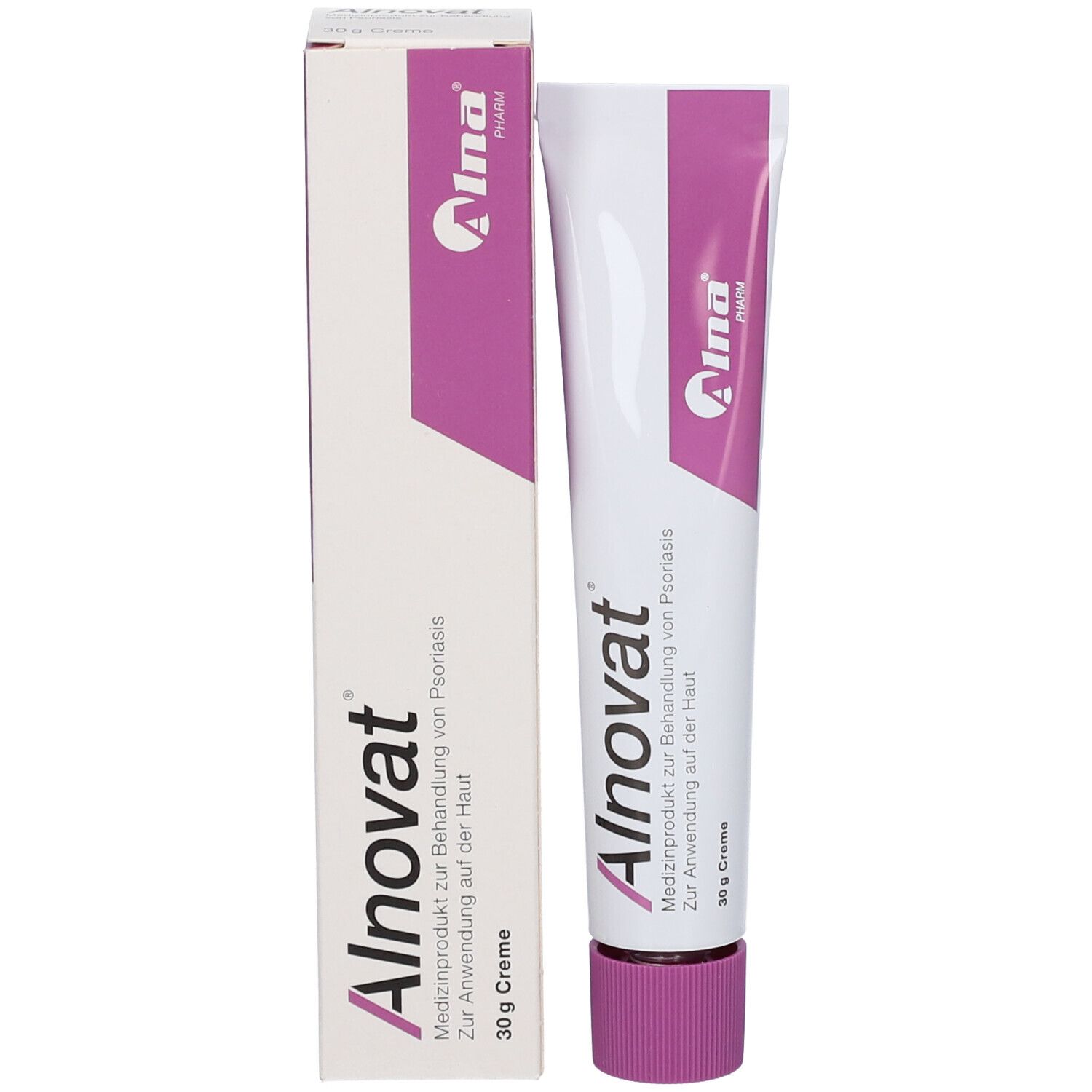 Alnovat Creme Tube und Faltschachtel. Medizinprodukt zur Behandlung von Psoriasis.