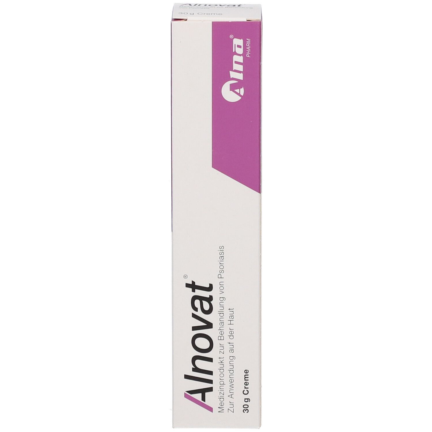 Faltschachtel für Alnovat Creme. Medizinprodukt zur Behandlung von Psoriasis.