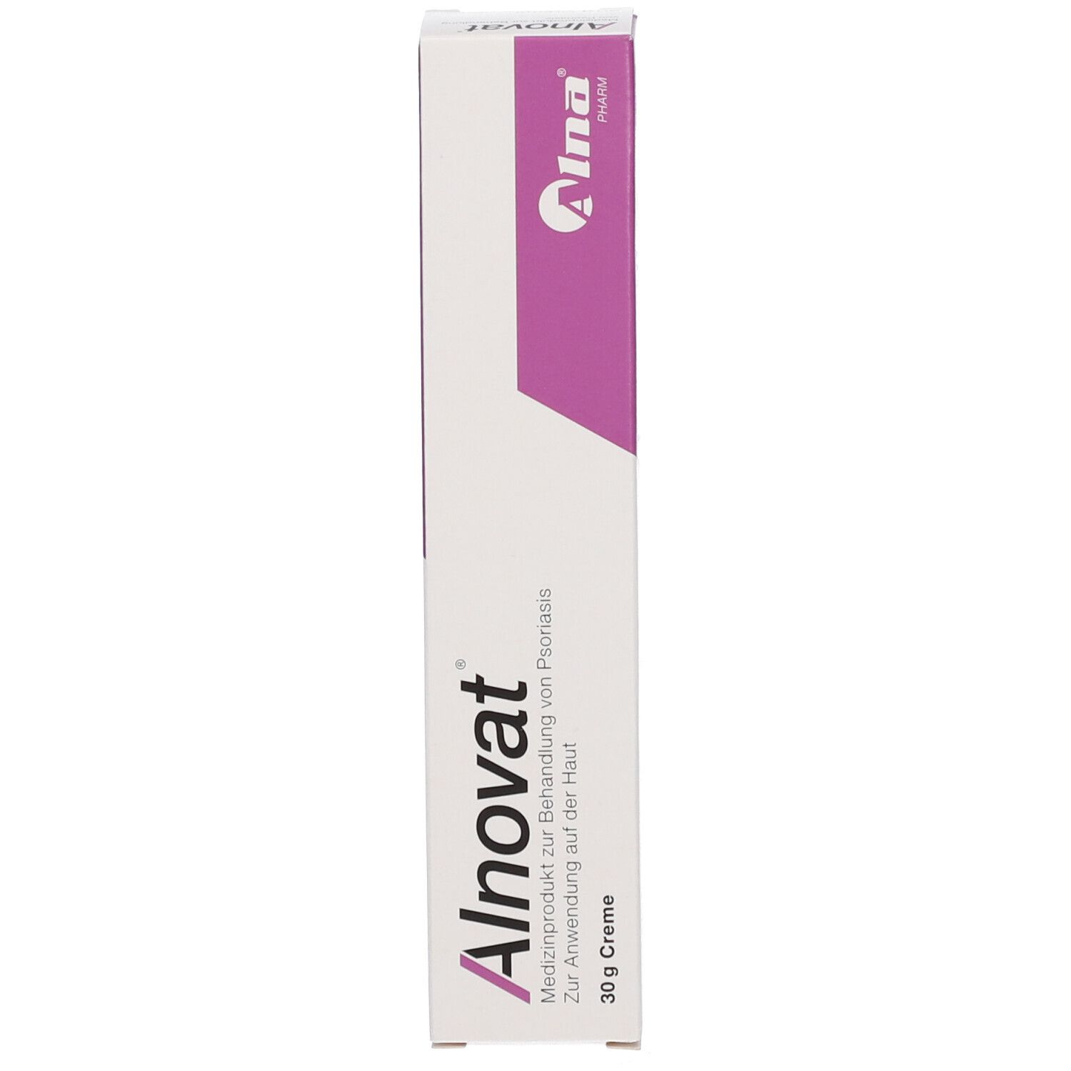 Seitenansicht der Alnovat Creme Faltschachtel mit Produktinformationen.