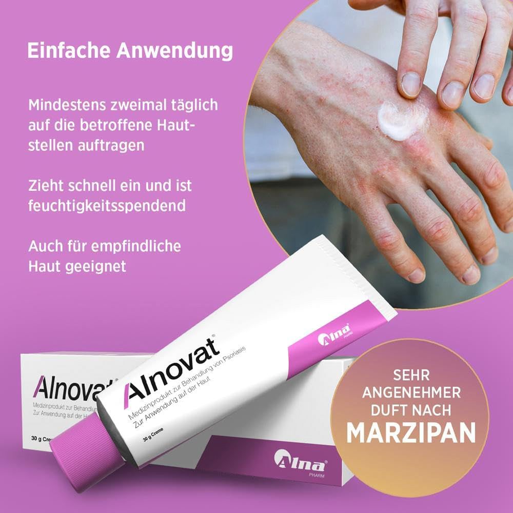 Alnovat Creme Tube und Verpackung. Mit Anwendungshinweisen und Hinweis auf Marzipan-Duft.