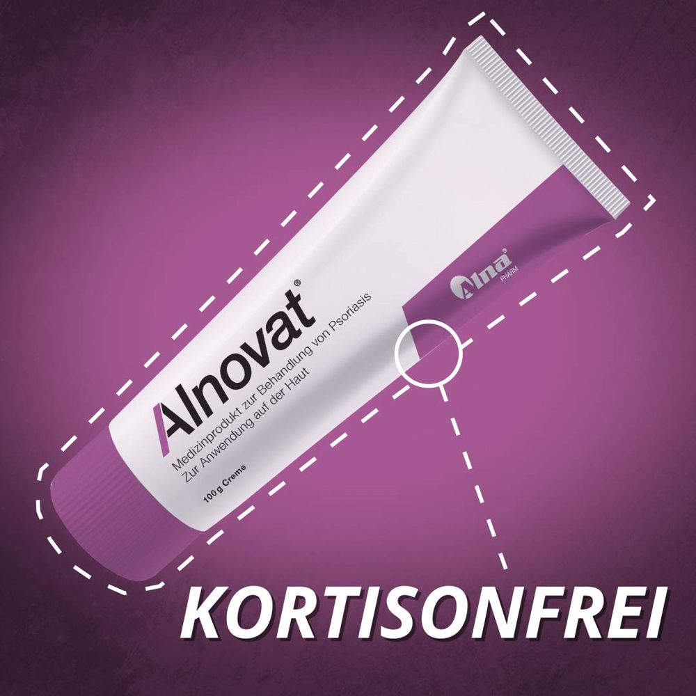 Alnovat Creme Tube mit der Aufschrift 'KORTISONFREI'. Medizinprodukt zur Behandlung von Psoriasis.