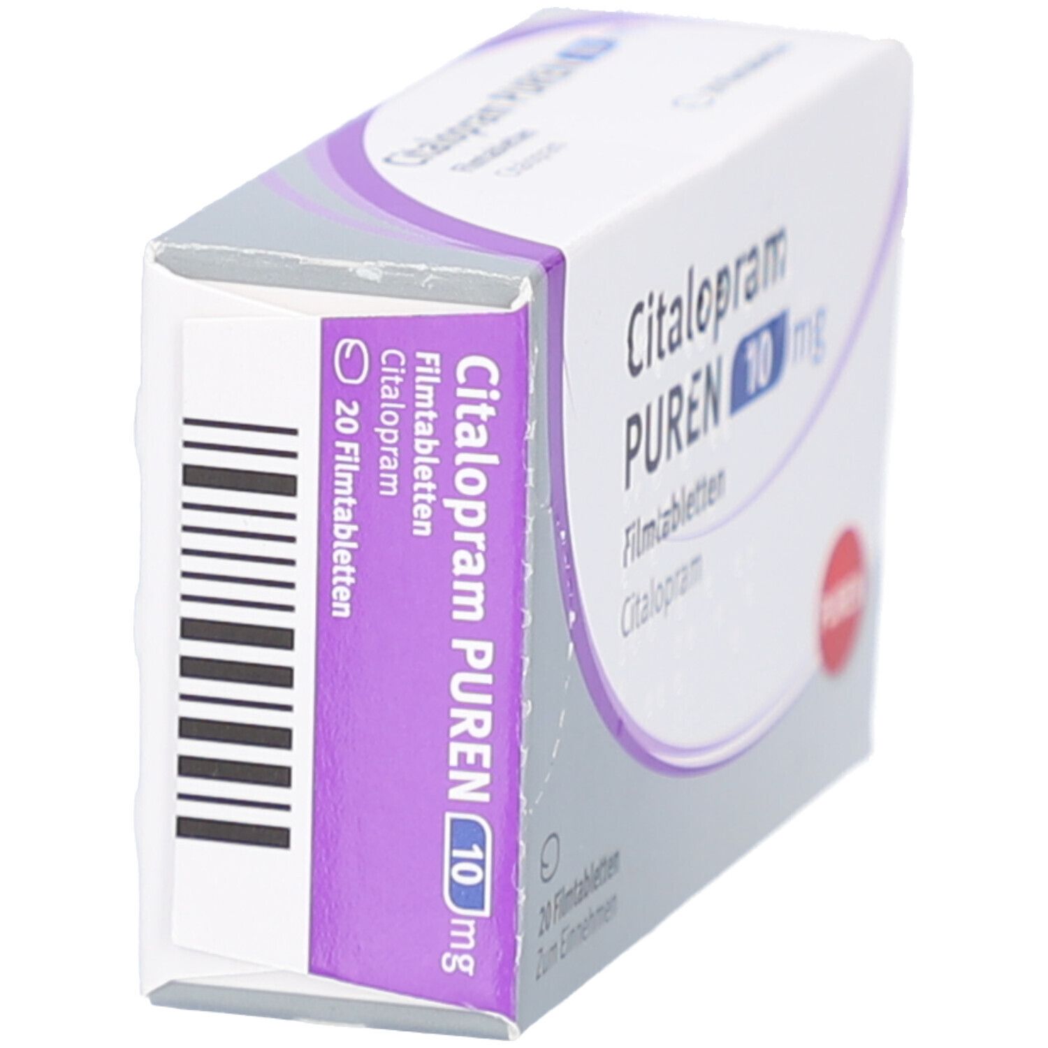 Citalopram PUREN 10 mg-Schachtel, Seitenansicht. Weiße Schachtel mit lila Streifen und Text. Barcode auf der Seite.