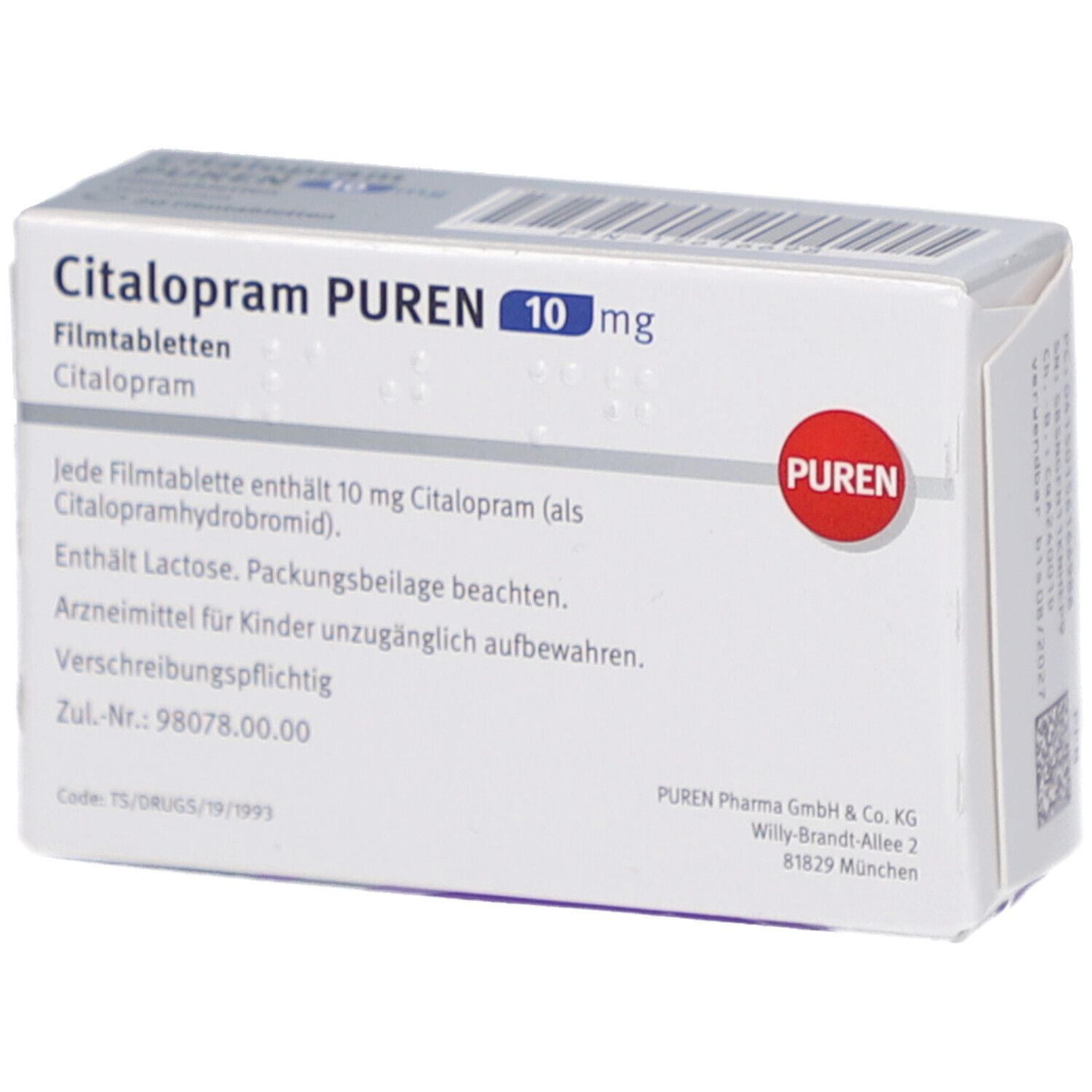 Citalopram PUREN 10 mg-Schachtel. Text in Deutsch. Roter PUREN-Stempel. Enthält 20 Filmtabletten. Weiße Schachtel.