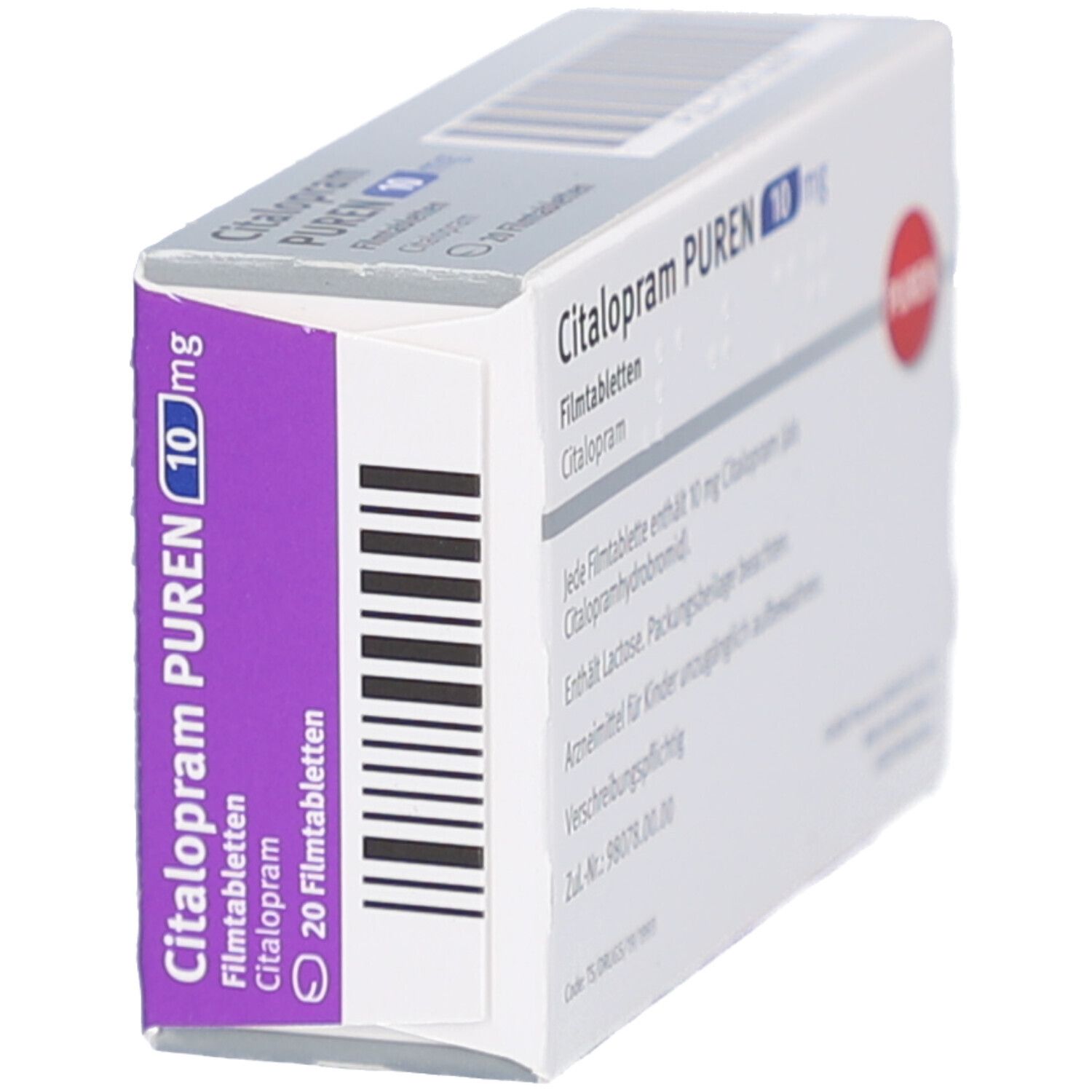 Citalopram PUREN 10 mg-Schachtel, Seitenansicht. Lila Streifen mit Text. Barcode. Weiße Schachtel mit Text.