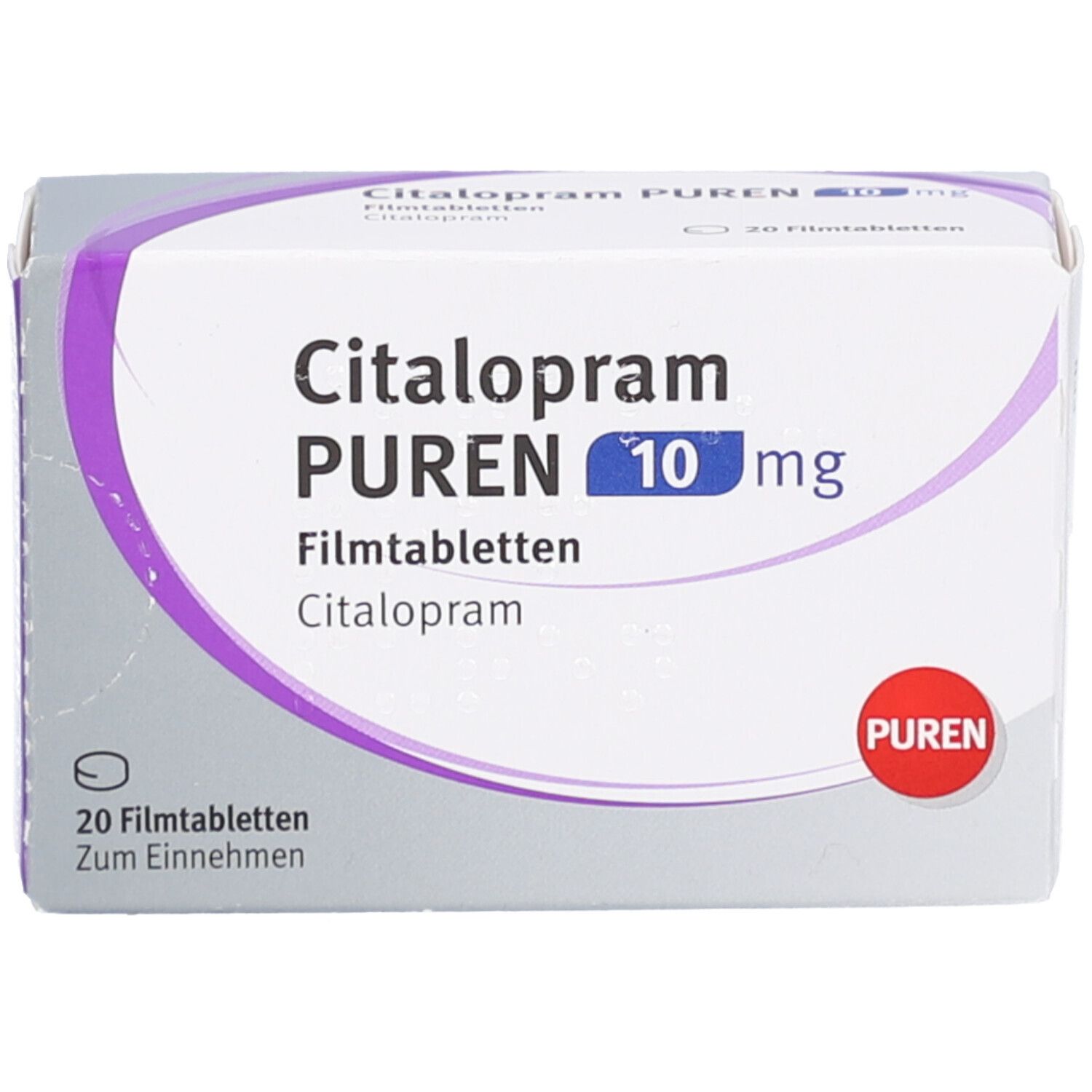 Citalopram PUREN 10 mg-Schachtel. Weiße Schachtel mit lila Akzenten. Roter PUREN-Stempel. 20 Filmtabletten.