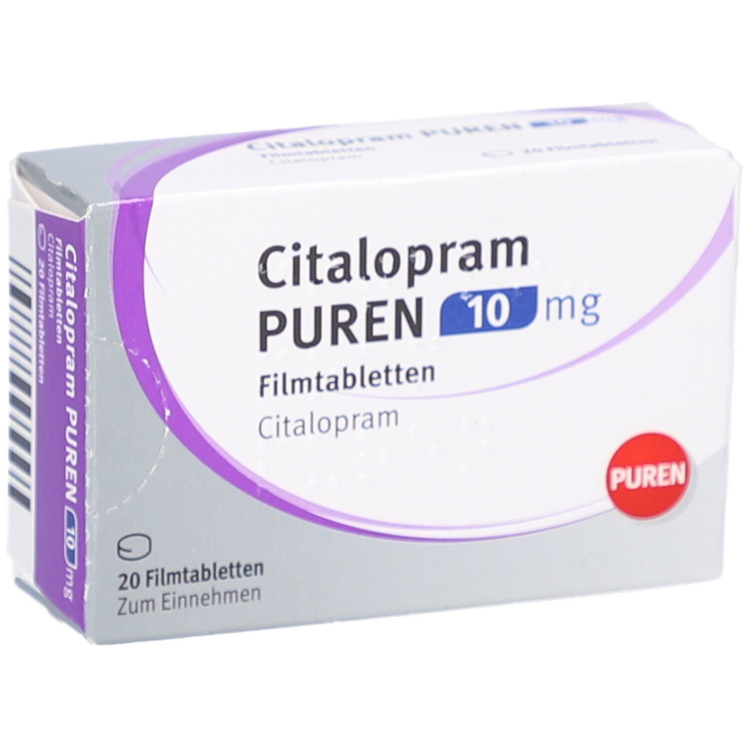 Citalopram PUREN 10 mg-Schachtel. Weiße Schachtel mit lila Akzenten. 20 Filmtabletten. Roter PUREN-Stempel.
