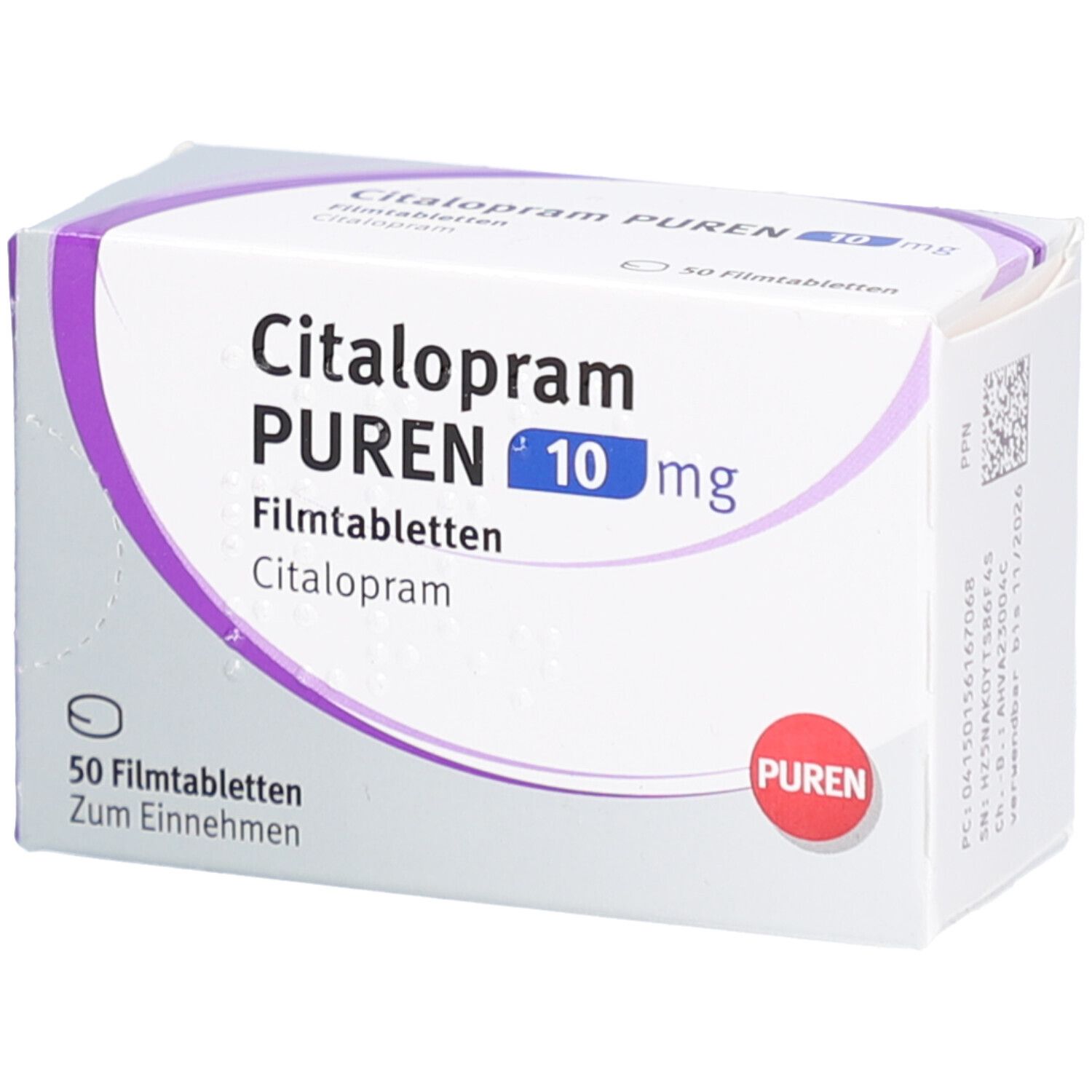 Citalopram PUREN 10 mg Filmtabletten-Packung. 50 Tabletten. Weiße Schachtel mit lila Akzenten und rotem PUREN-Logo.