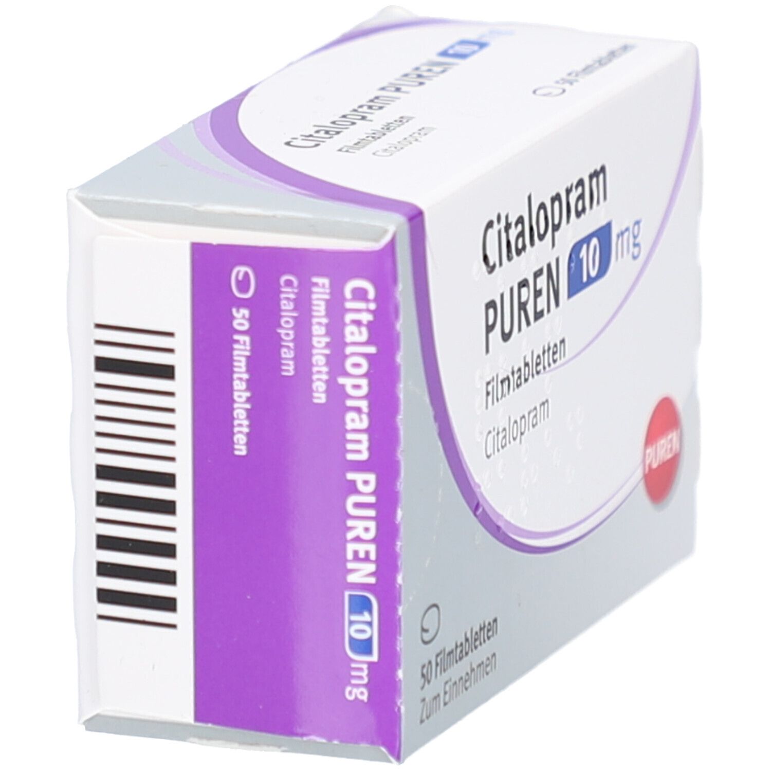 Citalopram PUREN 10 mg Packung, Seitenansicht. Weiße Schachtel mit lila Akzenten und Barcode. Rotes PUREN-Logo.