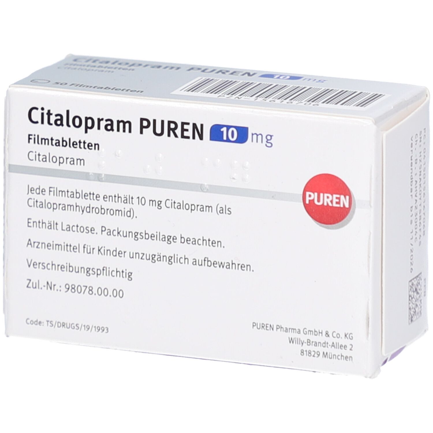 Citalopram PUREN 10 mg Packung. Weiße Schachtel mit Text und rotem PUREN-Logo. Enthält 50 Filmtabletten.