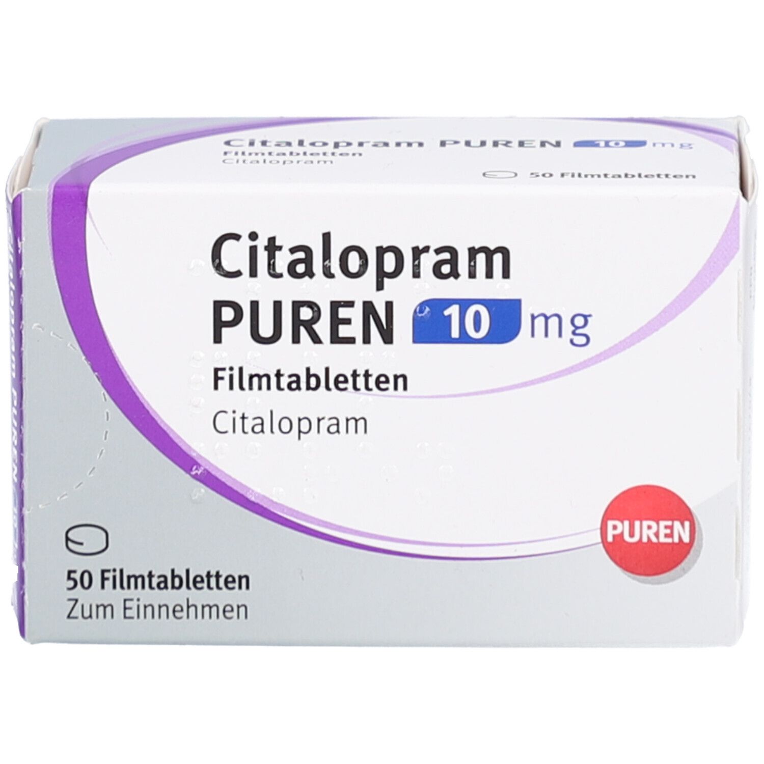 Citalopram PUREN 10 mg Packung. Weiße Schachtel mit lila Akzenten und rotem PUREN-Logo. 50 Filmtabletten.